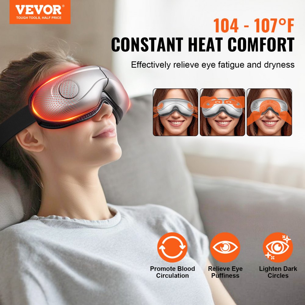 VEVOR Massaggiatore per Gli occhi con Calore, Maschera per Massaggio degli Occhi Riscaldata, 5 Modalità, Musica Bluetooth, Pieghevole a 180° per Emicranie, Affaticamento degli Occhi, Occhiaie, Grigio