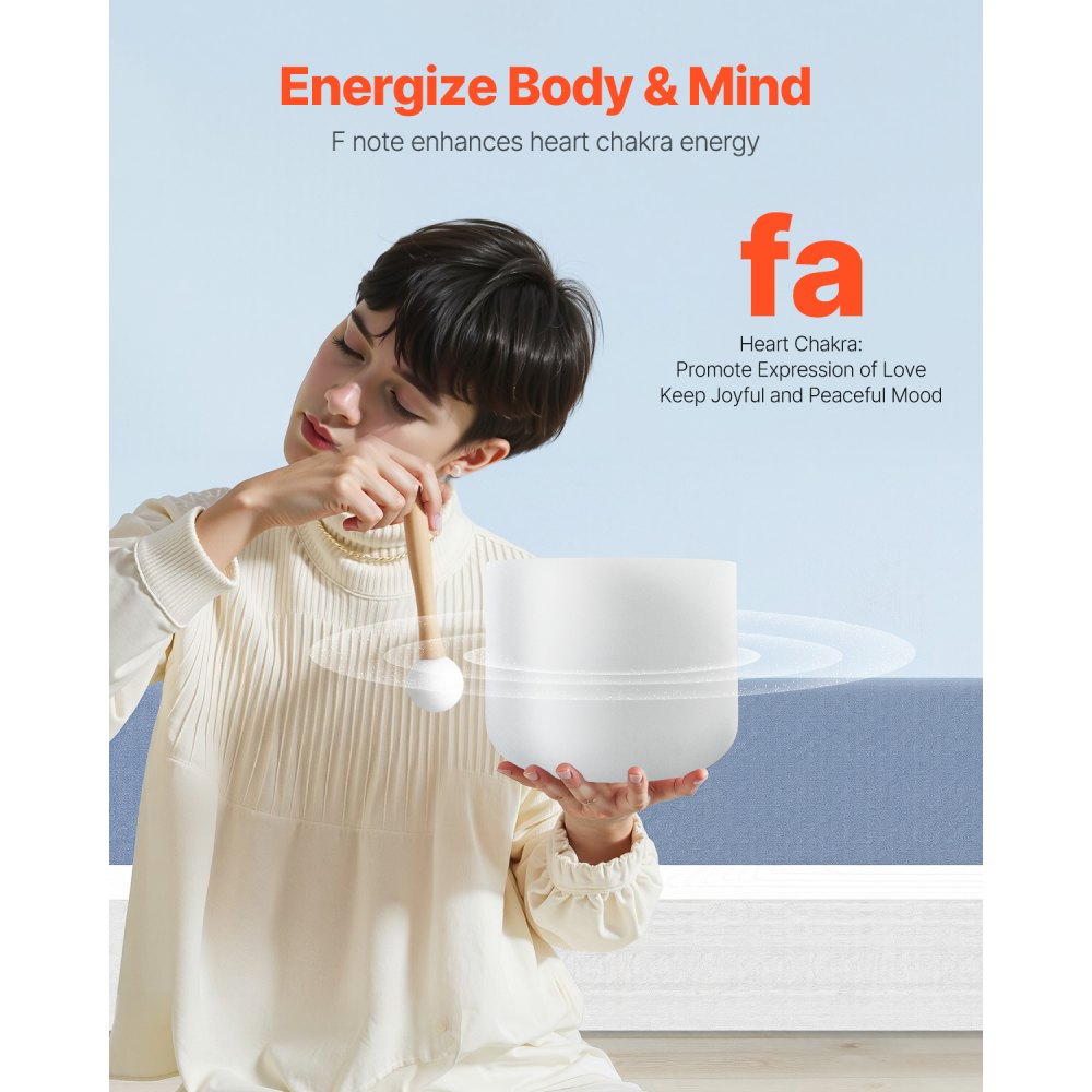 VEVOR Campana di Cristallo per Canto Meditazione, Ciotola per Canto con Chakra del Cuore Nota F Diametro 8 pollici, Ciotola Portatile in Quarzo Smerigliato con Borsa da Trasporto, Campana Tibetana