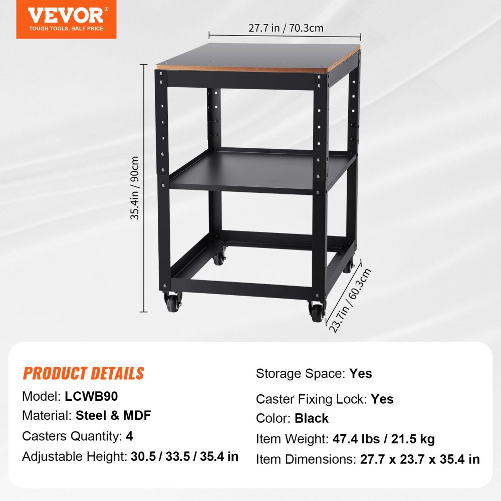 VEVOR Supporto per Pialla a Filo Spessore di Legno Capacità Carico Max. 45kg 4 Ruote, Supporto con Ripiano di Lavoro 3 Livelli 4 Rotelle per Pialla a Spessore Utensili di Falegname da Garage Officina