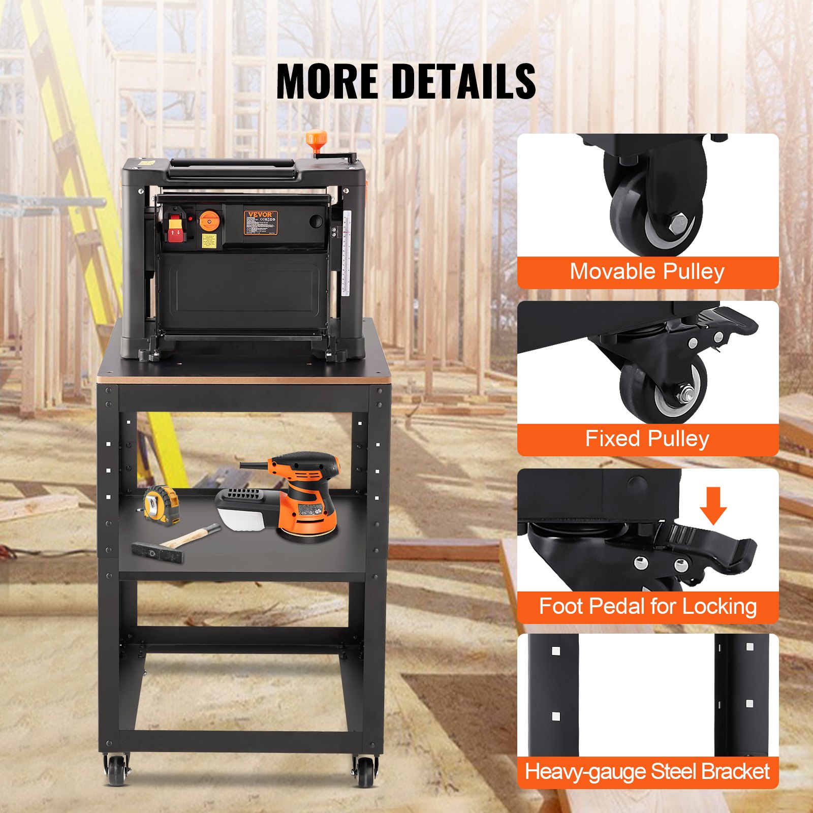 VEVOR Supporto per Pialla a Filo Spessore di Legno Capacità Carico Max. 45kg 4 Ruote, Supporto con Ripiano di Lavoro 3 Livelli 4 Rotelle per Pialla a Spessore Utensili di Falegname da Garage Officina