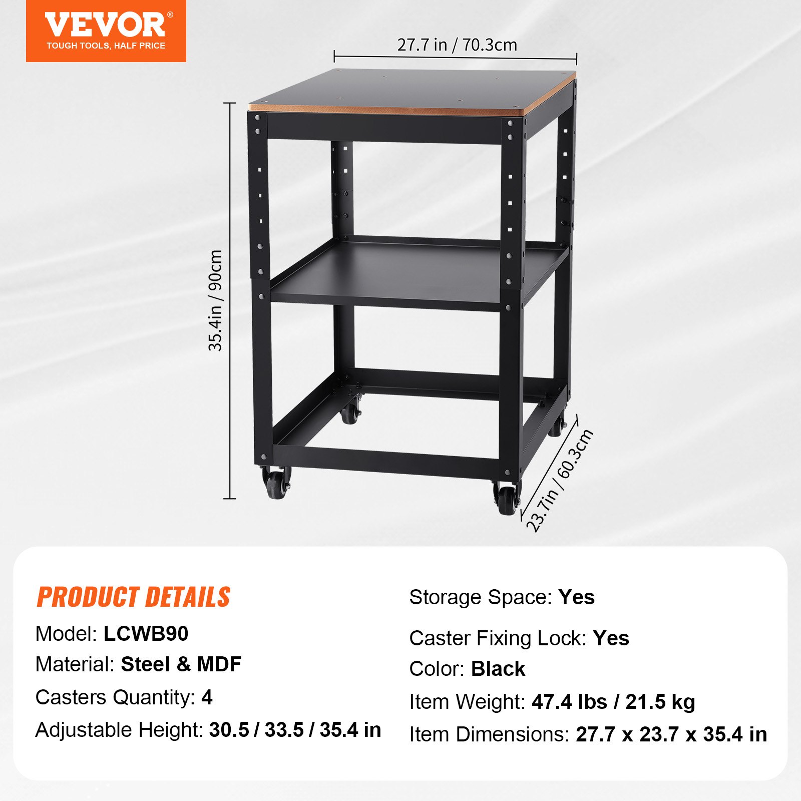 VEVOR Supporto per Pialla a Filo Spessore di Legno Capacità Carico Max. 45kg 4 Ruote, Supporto con Ripiano di Lavoro 3 Livelli 4 Rotelle per Pialla a Spessore Utensili di Falegname da Garage Officina
