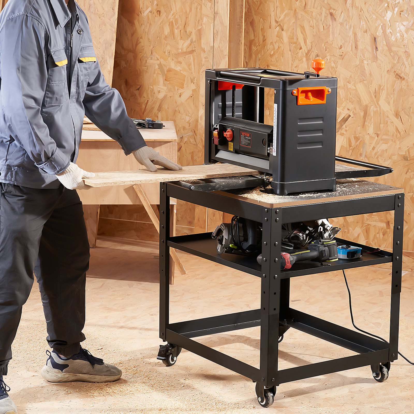 VEVOR Supporto per Pialla a Filo Spessore di Legno Capacità Carico Max. 45kg 4 Ruote, Supporto con Ripiano di Lavoro 3 Livelli 4 Rotelle per Pialla a Spessore Utensili di Falegname da Garage Officina