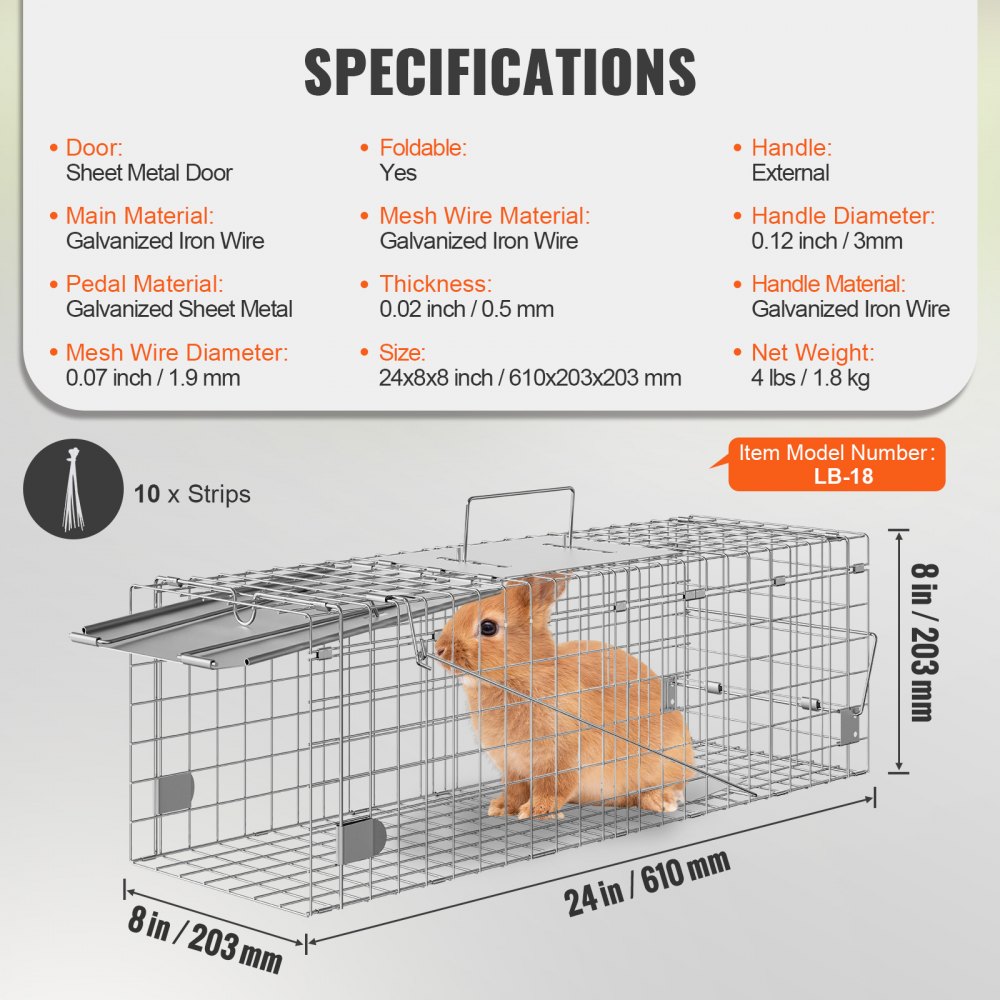 VEVOR Trappola Cattura Gabbia per Animali Piccoli in Ferro Zincato Dimensioni 610 x 203 x 203 mm, Gabbia Trappola per Animali Trappola Pieghevole Portatile, Trappola a Gabbietta per Cattura