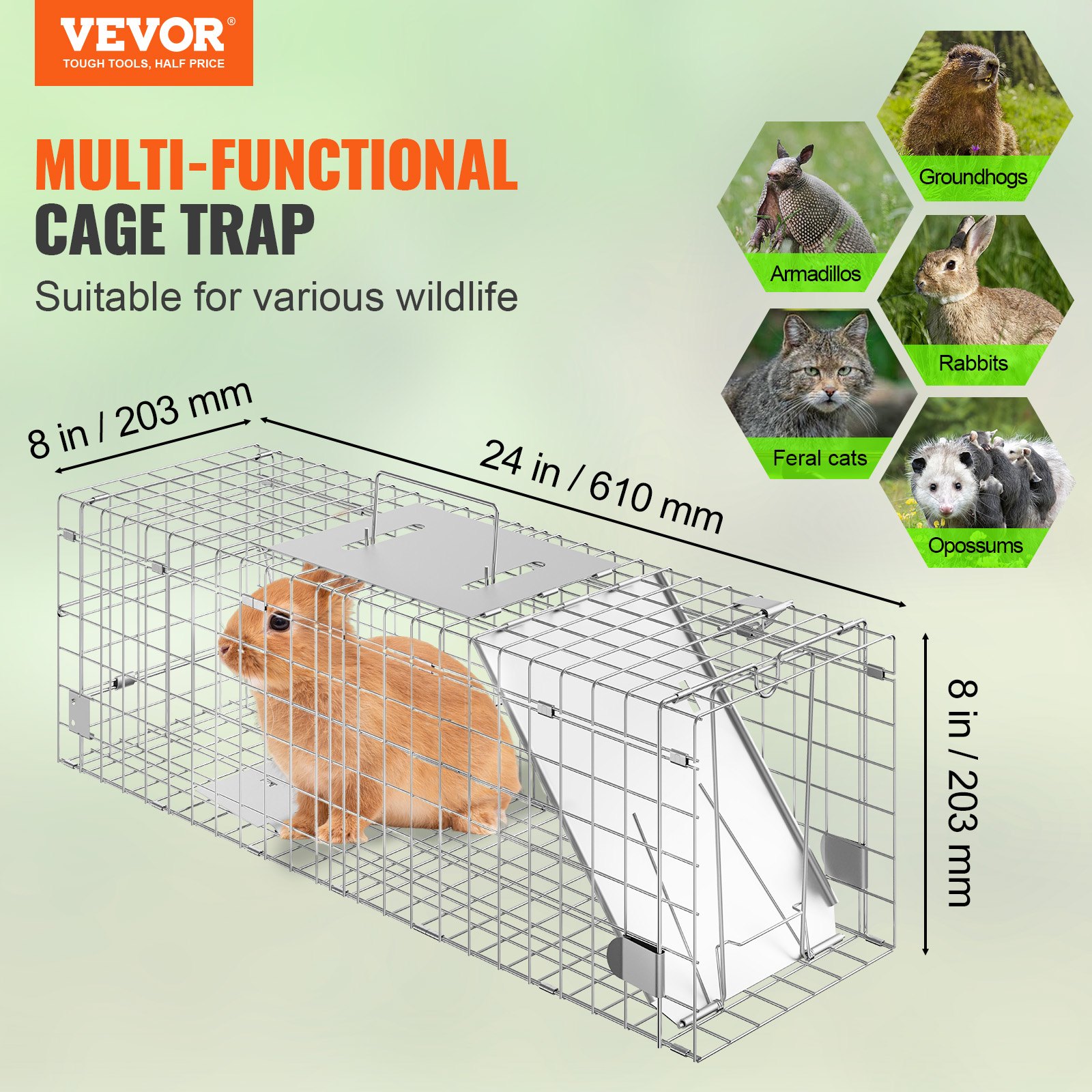 VEVOR Trappola Cattura Gabbia per Animali Piccoli in Ferro Zincato Dimensioni 610 x 203 x 203 mm, Gabbia Trappola per Animali Trappola Pieghevole Portatile, Trappola a Gabbietta per Cattura