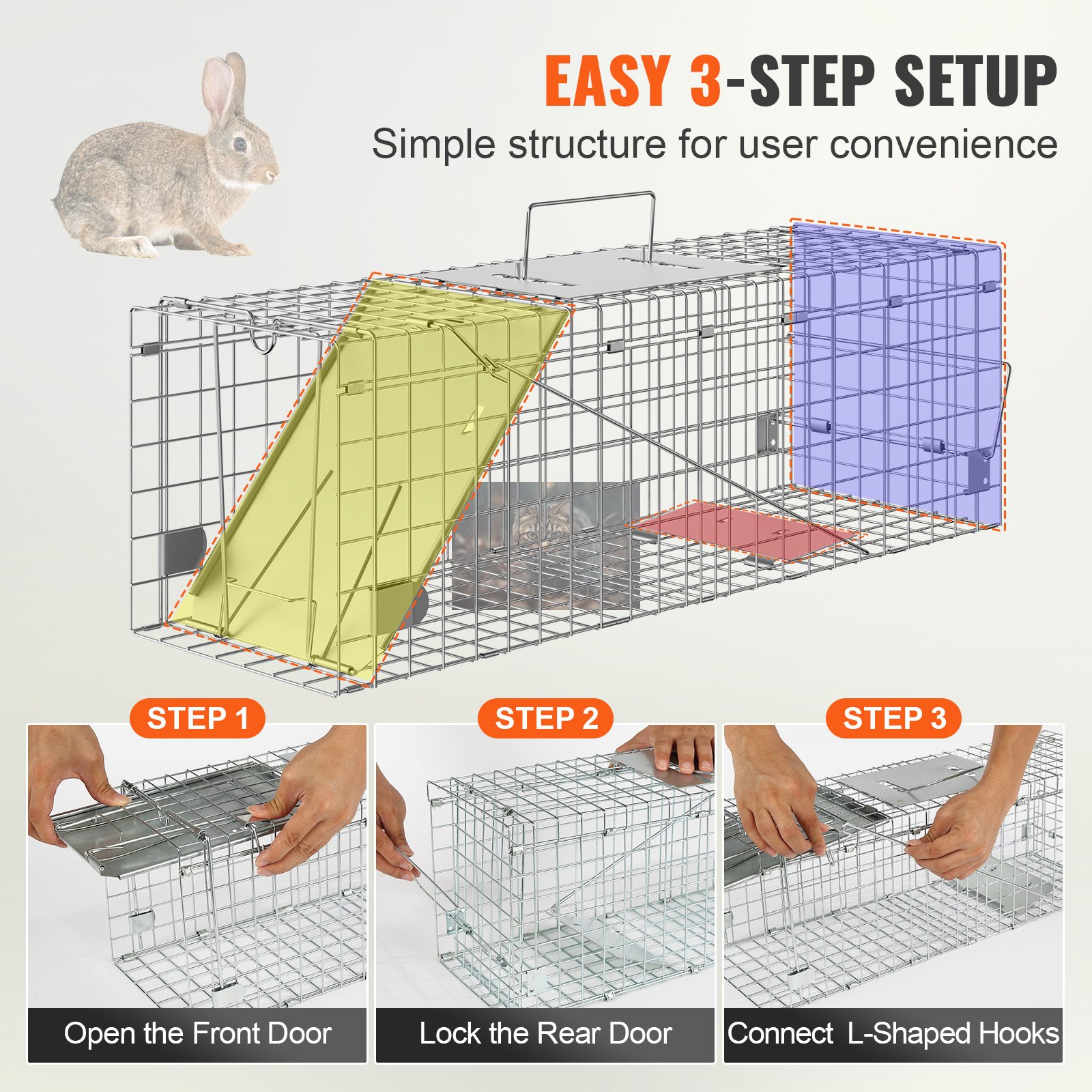 VEVOR Trappola Cattura Gabbia per Animali Piccoli in Ferro Zincato Dimensioni 610 x 203 x 203 mm, Gabbia Trappola per Animali Trappola Pieghevole Portatile, Trappola a Gabbietta per Cattura