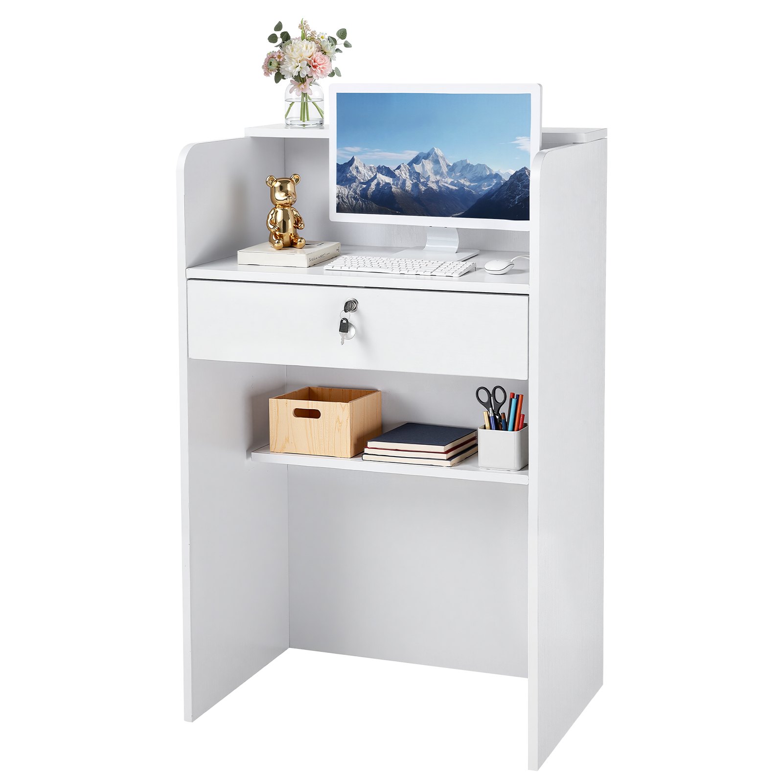 VEVOR Reception Desk, 60 cm Rectangular Front Counter Table, Modern Office Reception Desk with Drawer, Small Minimalist Retail Counter Table for Checkout, Lobby, Beauty Salon and Office, White
