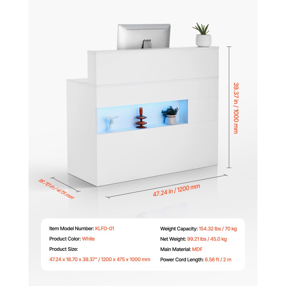 VEVOR Banco Reception 1200 x 475 x 1000 mm Tavolo da Banco Rettangolare, Tavolo di Vendita per Ufficio con Luce a LED, 2 Cassetti e Prese, per Cassa, Hall, Salone di Bellezza e Ufficio, Bianco