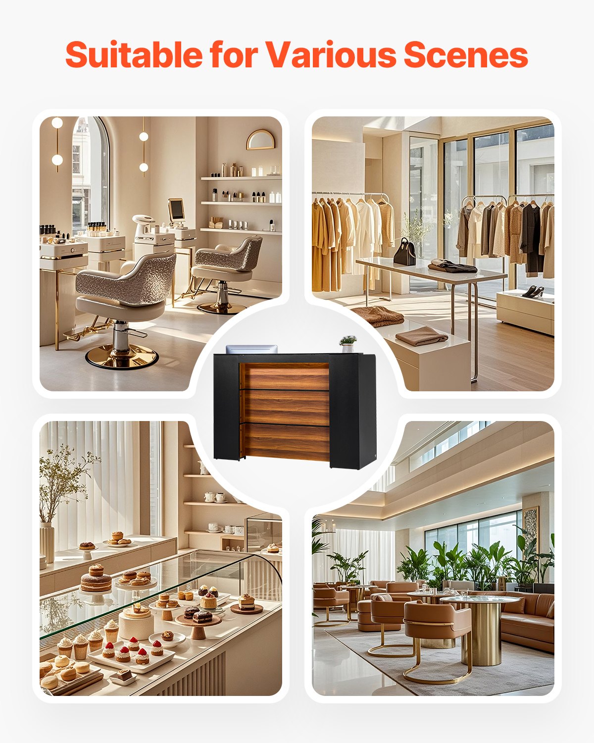 VEVOR Banco Reception 1600 x 600 x 1110 mm Tavolo da Banco Rettangolare, Tavolo di Vendita per Ufficio con Luce a LED, per Registratori di Cassa, Hall, Saloni di Bellezza e Uffici, Nero e Marrone