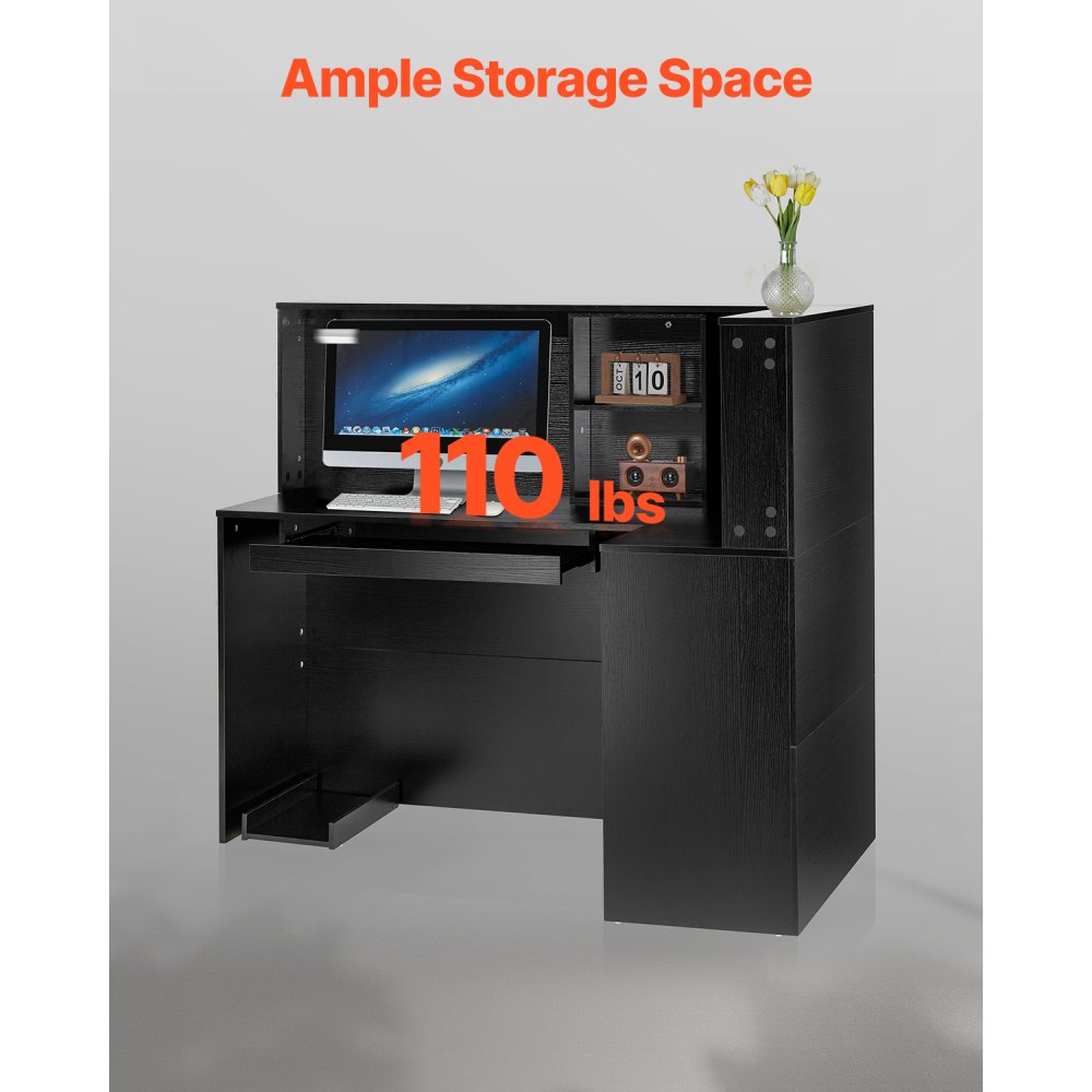 VEVOR Banco Reception 1400 x 800 x 1200 mm Tavolo da Banco a Forma di L, Tavolo di Vendita per Ufficio con Cassetto, Ripiano per Tastiera e Armadietto, per Cassa, Hall, Salone di Bellezza, Nero