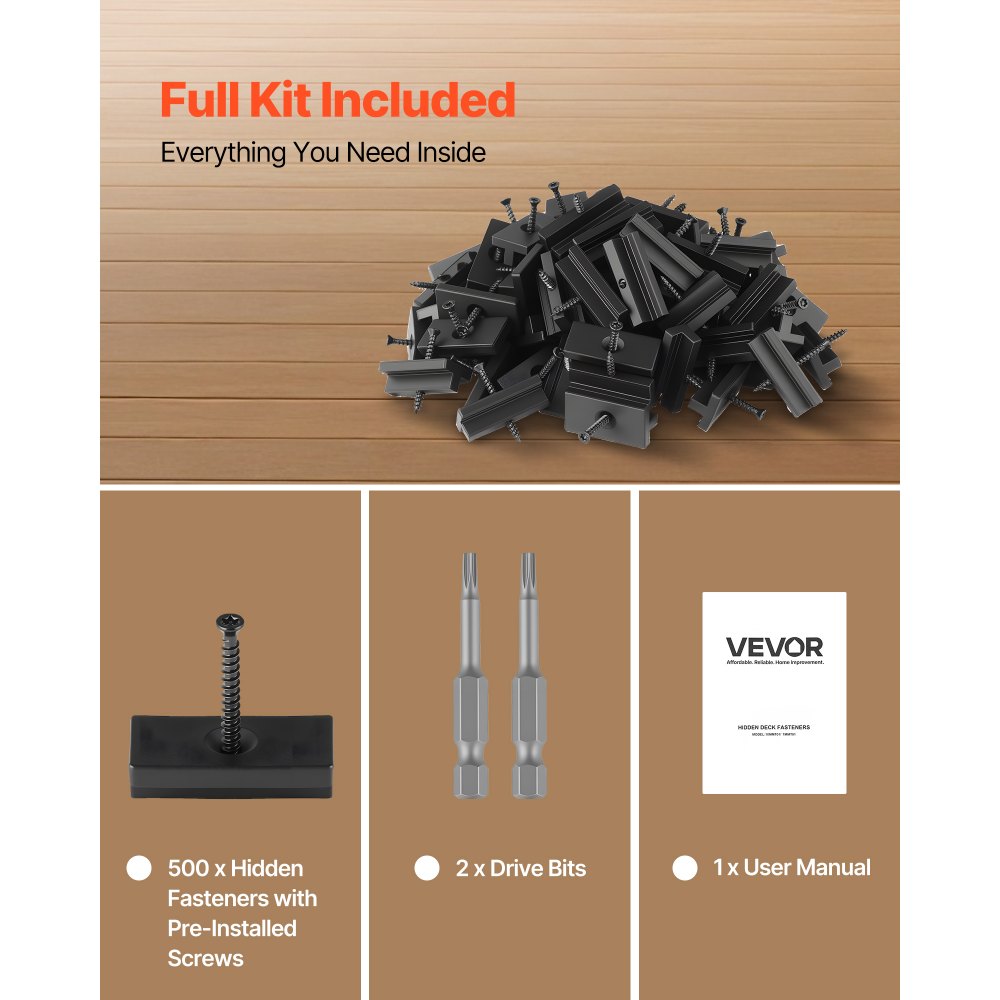VEVOR 500PCS Hidden Deck Fasteners for Composite Decking Board, Universal Composite Clips & Plastic Hidden Fasteners with Metal Screws,Polypropylene PP Clips Works with 5.5 mm Gaps, Black