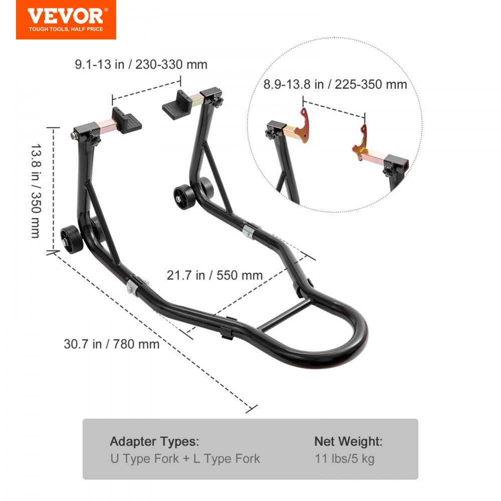 VEVOR Cavalletto per Ruote Posteriore per il Sollevamento della Moto Bici Garage Capacità Carico Max. 390kg, Cavalletto Supporto per Moto Bici da Officina Adatto Testa della Forcella a Doppia U + L