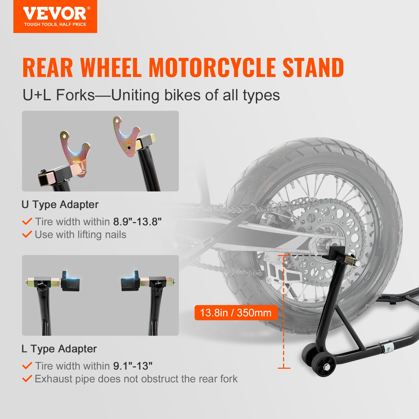 VEVOR Cavalletto per Ruote Posteriore per il Sollevamento della Moto Bici Garage Capacità Carico Max. 390kg, Cavalletto Supporto per Moto Bici da Officina Adatto Testa della Forcella a Doppia U + L