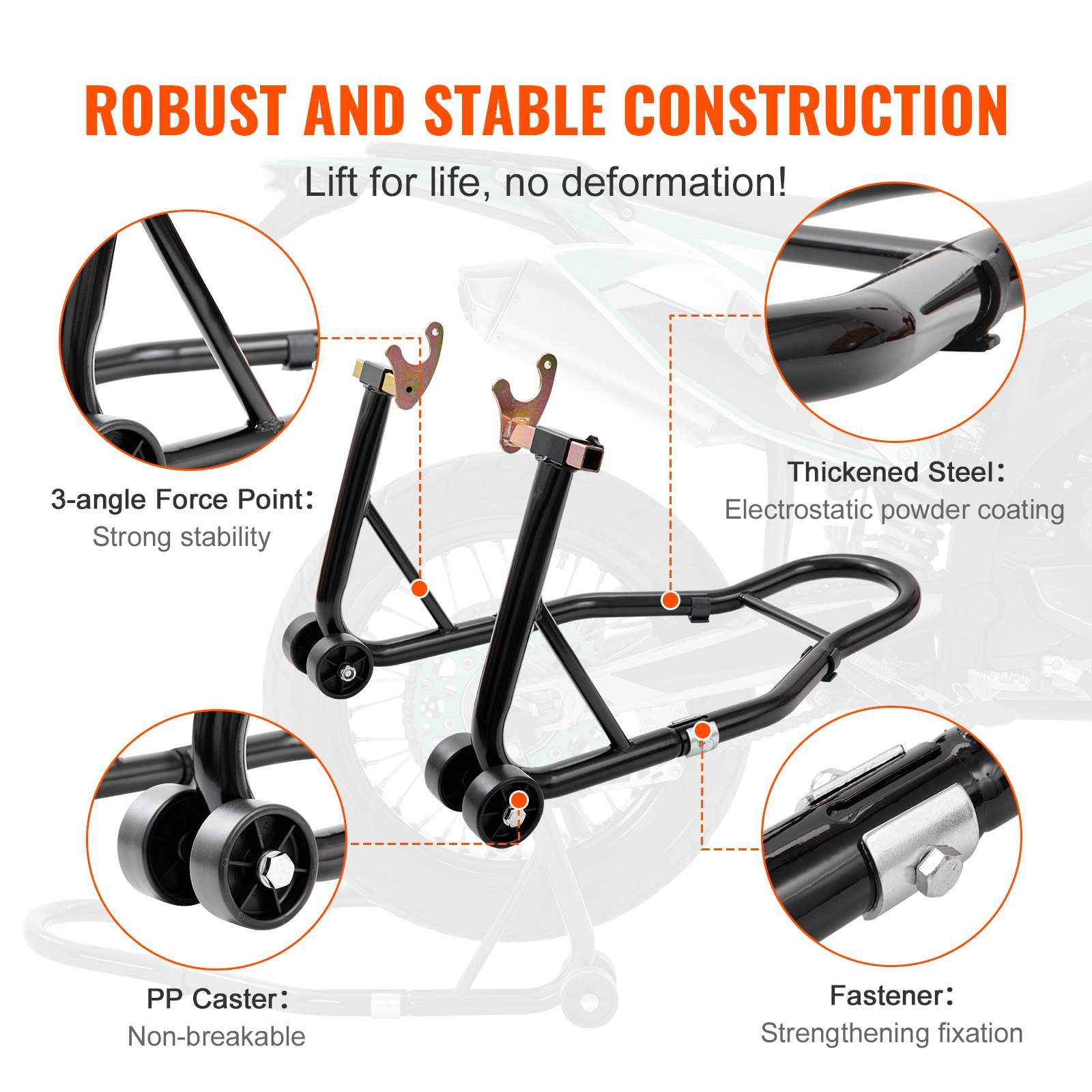 VEVOR Cavalletto per Ruote Posteriore per il Sollevamento della Moto Bici Garage Capacità Carico Max. 390kg, Cavalletto Supporto per Moto Bici da Officina Adatto Testa della Forcella a Doppia U + L