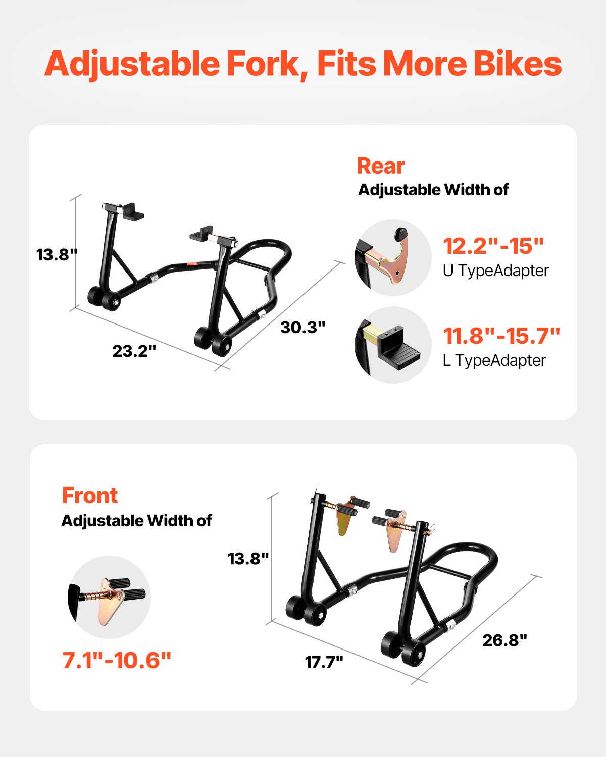 VEVOR Cavalletto di Sollevamento per Motociclette, Capacità Carico max. 498kg, Cavalletto di Sollevamento Anteriore Posteriore Combinato, Stand Sollevatore U+L per Bicicletta, Nero