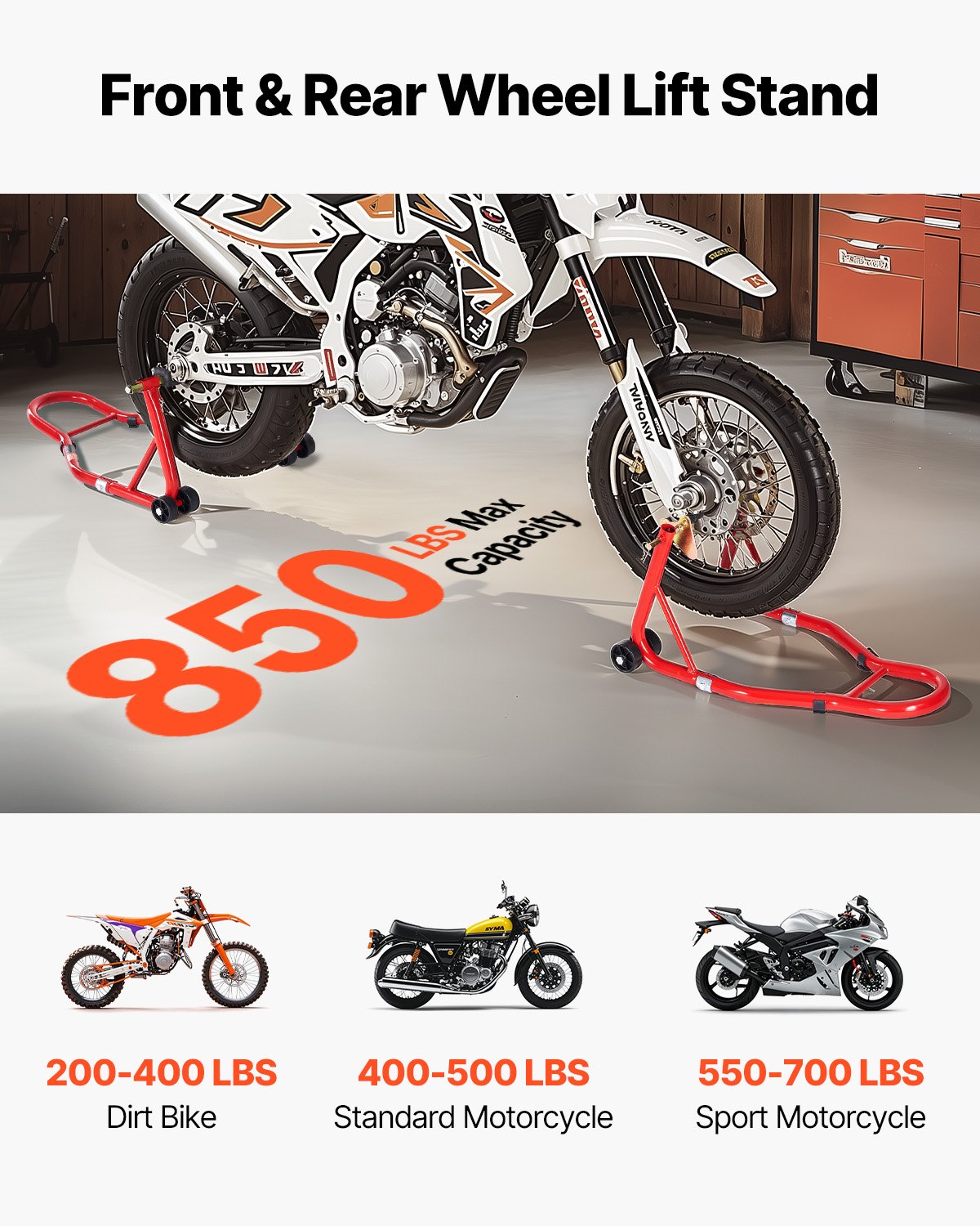 VEVOR Motorcycle Stand Lift (385 kg load capacity) Front and Rear Double Fork Stand, Rear U+L Fork Swingarm Coil Stand, for most motorcycles from Yamaha Honda Kawasaki Suzuki, red