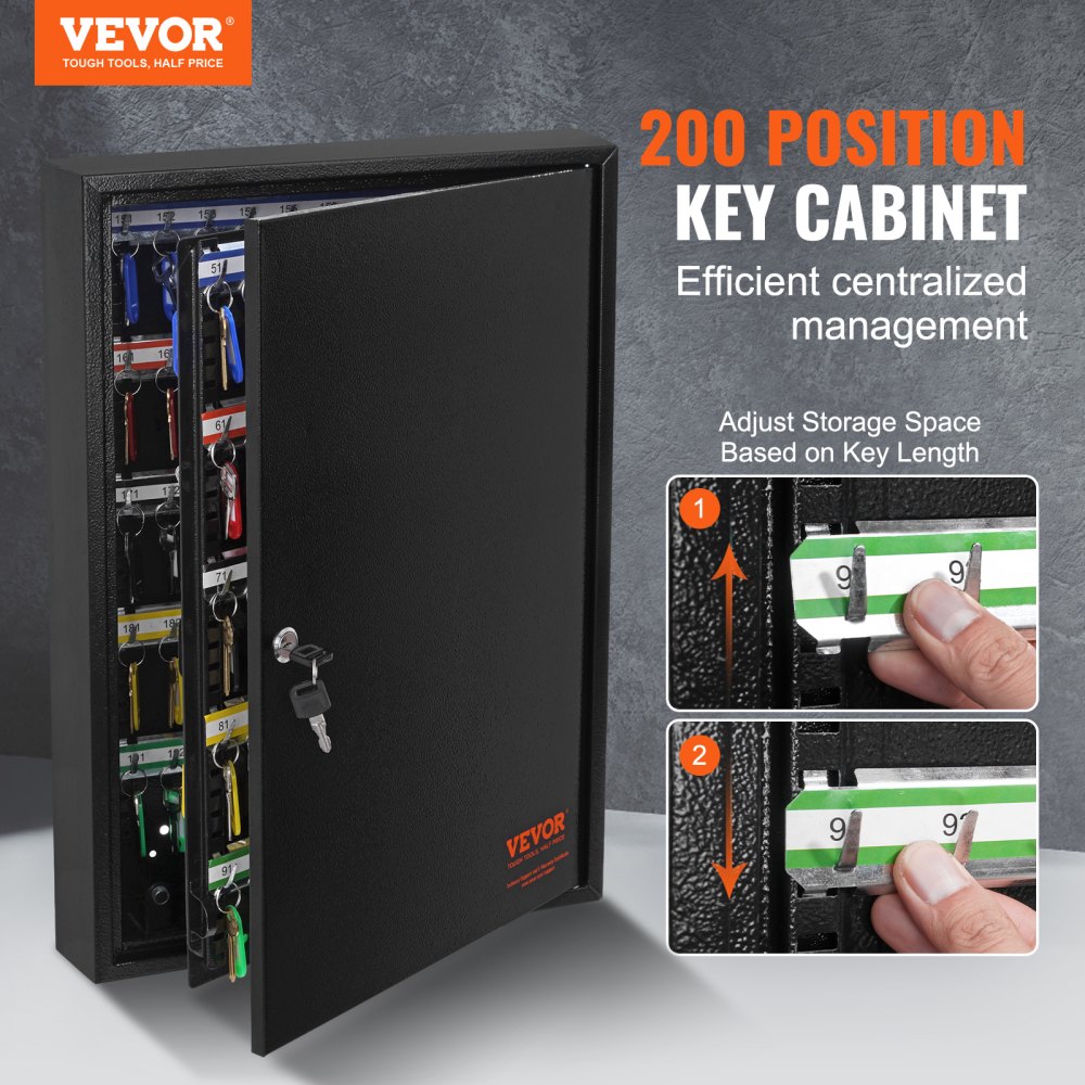 VEVOR Key Cabinet, Key Box for 200 Keys, Black, Adjustable Key Safe, Lockable Key Cabinet with 20 Key Holders, 2 Keys & 4 Index Cards