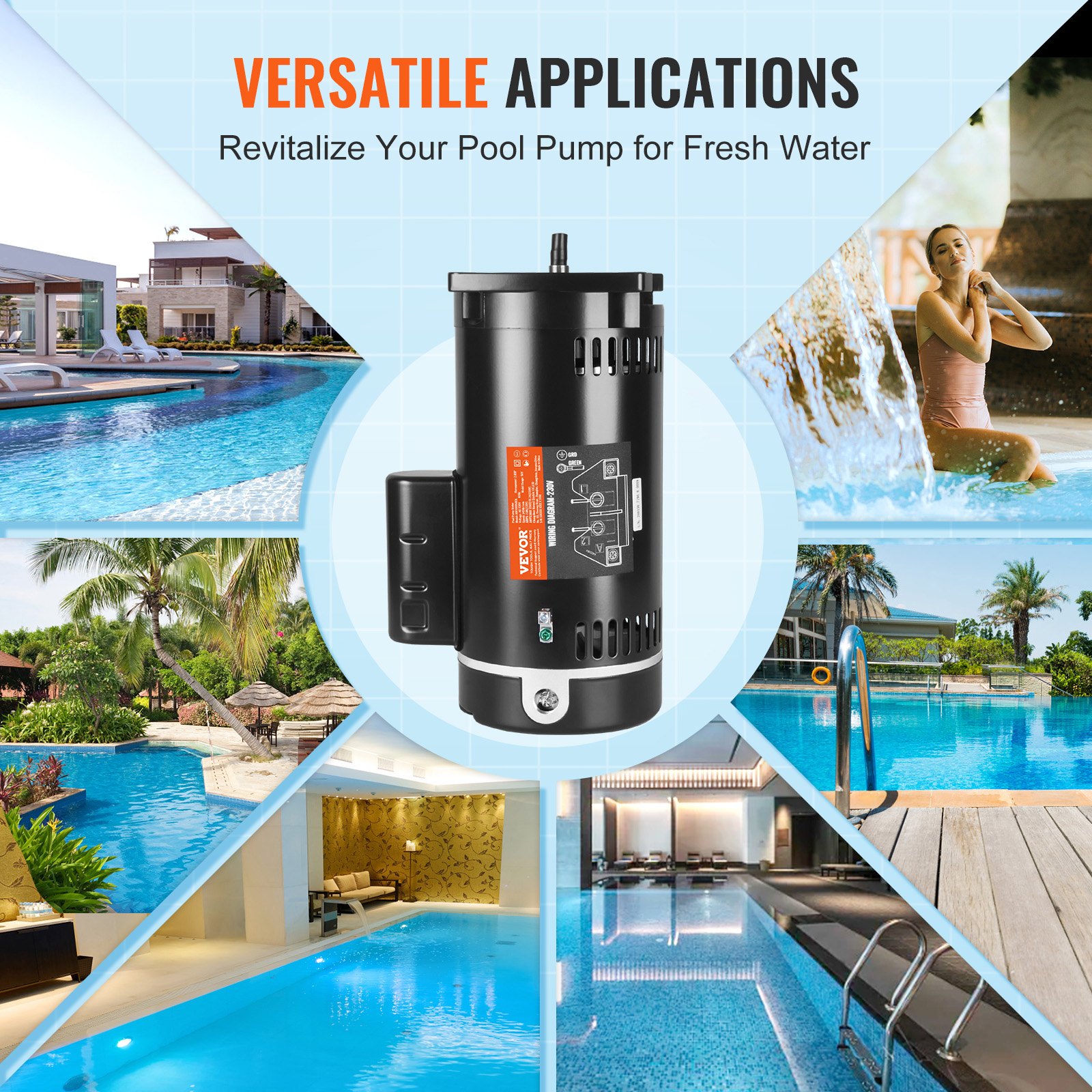 VEVOR 2 HP Pool Pump Motor, 56Y Frame, 230V (7.8 Amps) 3450 RPM, 60Hz, 1.3 Duty Factor, 50μF/250V Capacitor, Left-Hand Rotation Square Flange Replacement Motor