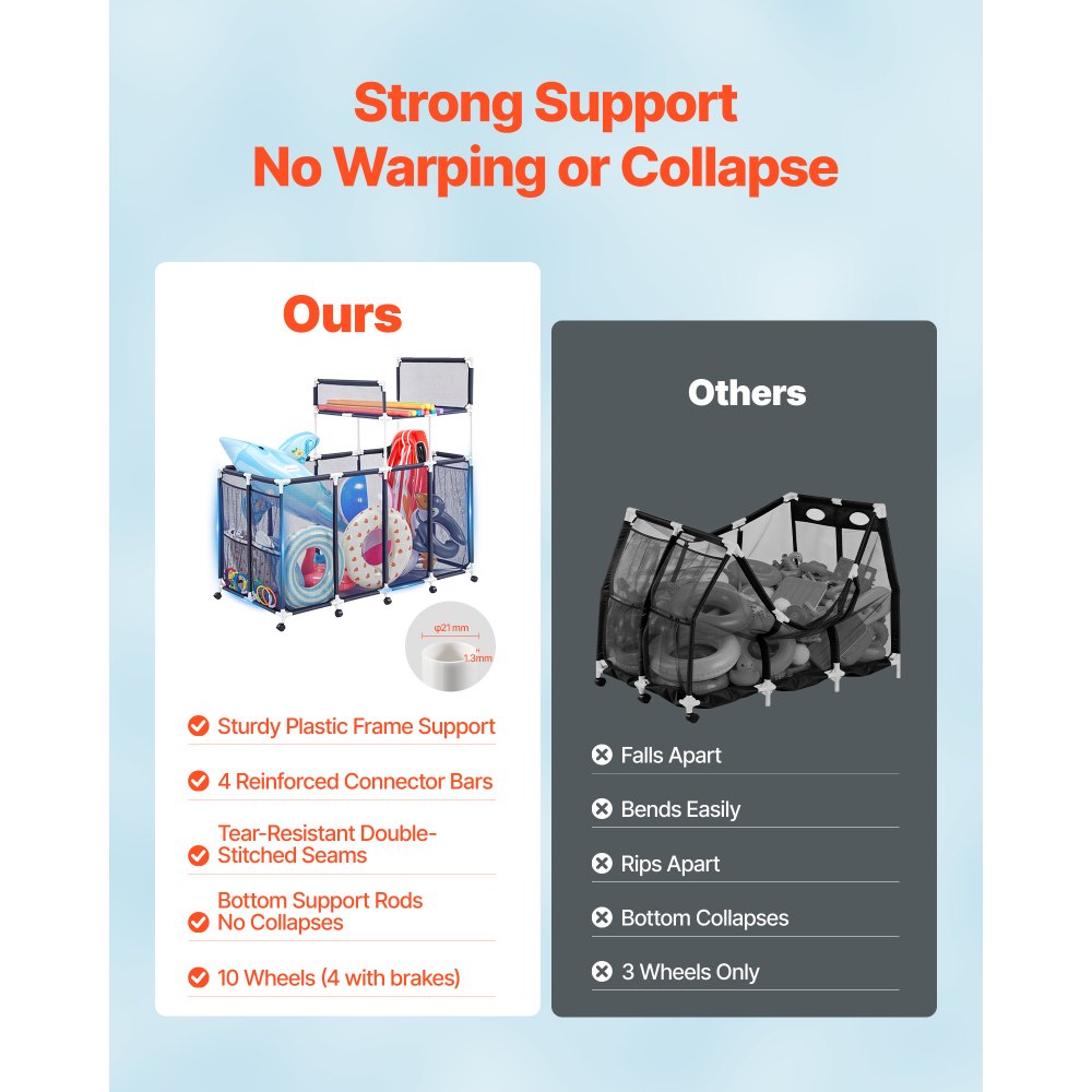 VEVOR Cestino Portaoggetti per Galleggianti da Piscina 169 x 85 x 165 cm, Contenitore in Rete con Ruote per Galleggianti Giocattoli da Piscina Organizer per Utensili Giocattoli, Struttura in Plastica