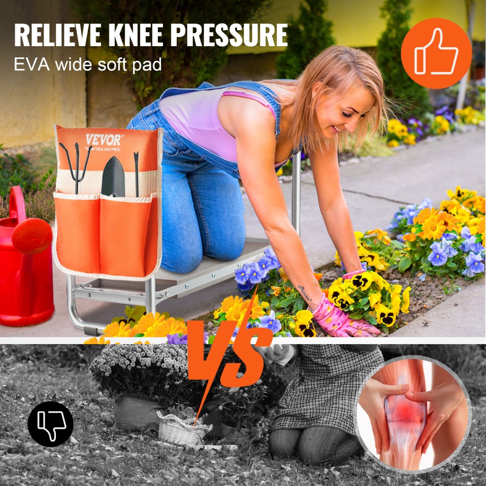 VEVOR Sgabello da Giardino Cuscino in EVA 250 mm Panca da Giardinaggio Pieghevole max. 150kg di Carico, Seduta Panca Pieghevole Portatile da Giardino Uso Versatile Borsa per Attrezzi per Giardinaggio