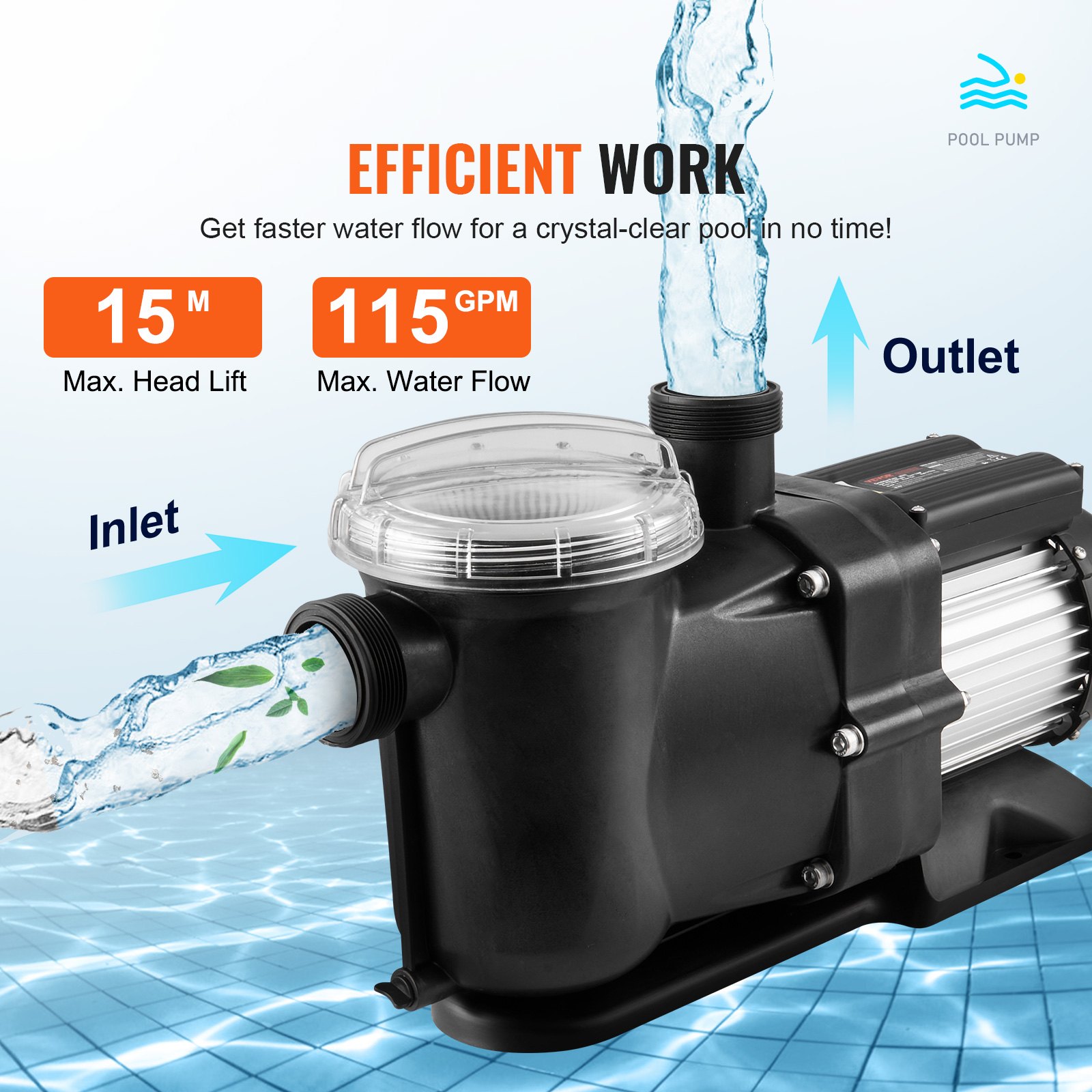 VEVOR Pompa per piscina fuori terra, 2 HP, 115 GPM max. Pompa per piscina 220 V, 2850 giri/min, 50 piedi max. Pompa per piscina con testa sollevabile, per piscine fuori terra, spa