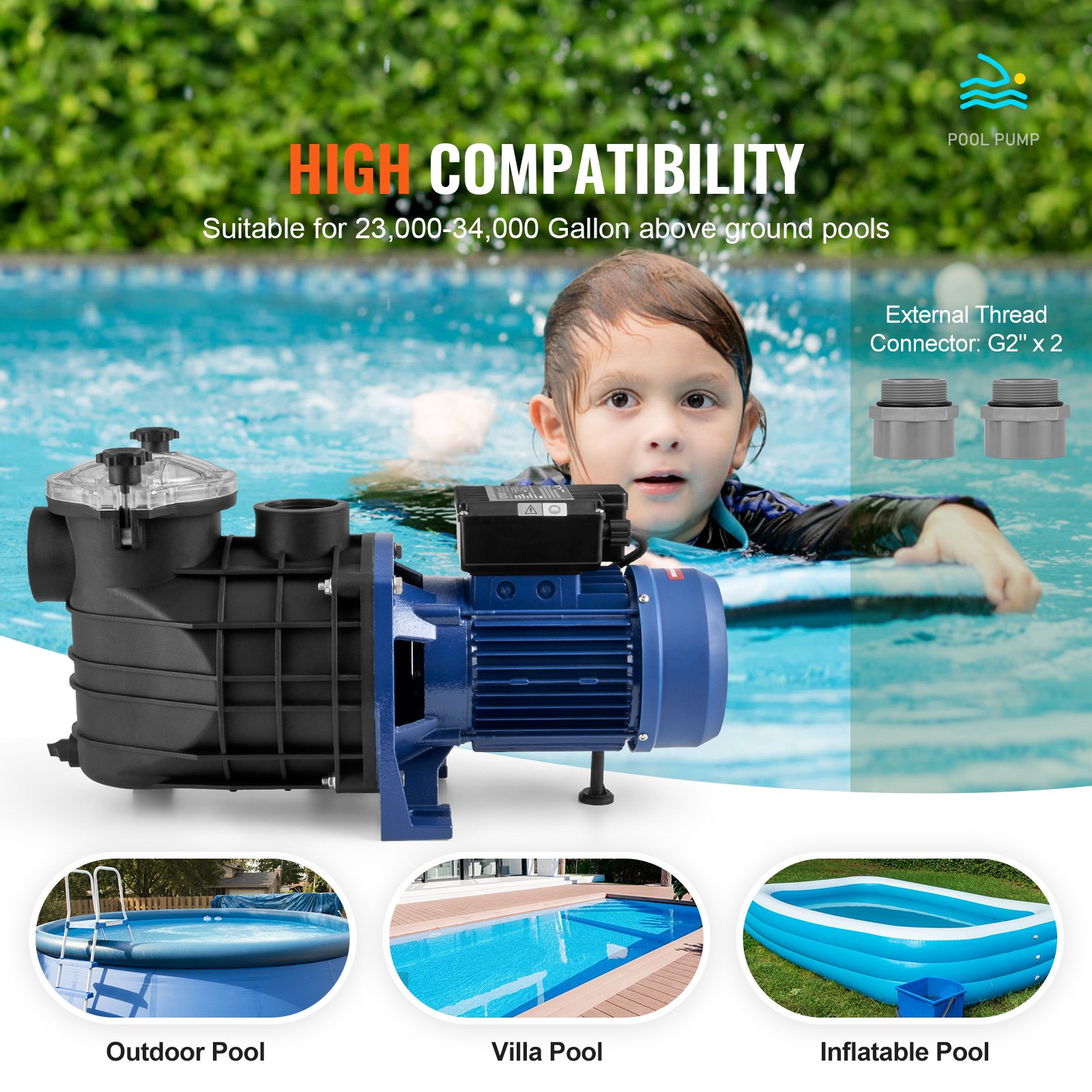 VEVOR Pompa per piscina fuori terra, 2,5 HP, 120 GPM max. Pompa per piscina 2850 giri/min, 50 piedi max. Pompa per piscina con testa sollevabile con cestello filtrante, per piscine fuori terra, spa