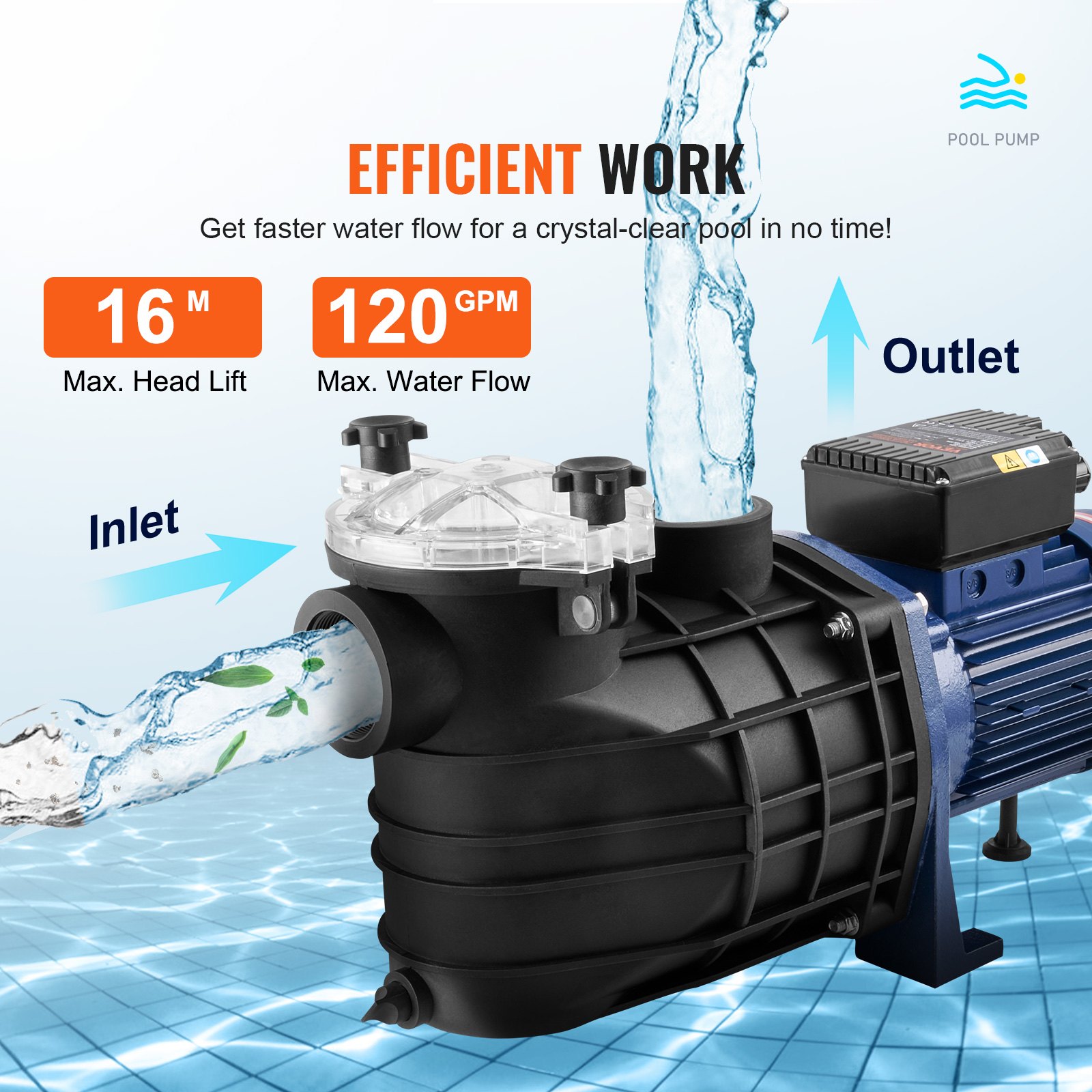 VEVOR Pompa per piscina fuori terra, 2,5 HP, 120 GPM max. Pompa per piscina 2850 giri/min, 50 piedi max. Pompa per piscina con testa sollevabile con cestello filtrante, per piscine fuori terra, spa