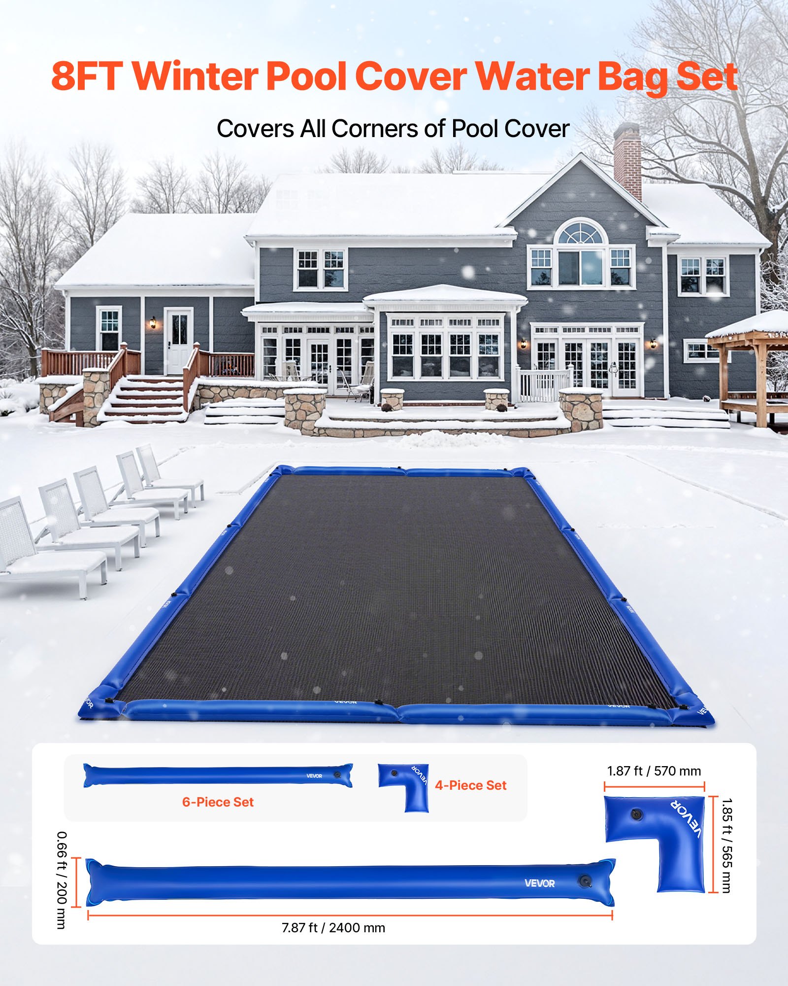 VEVOR Kit di Sacchi Zavorra per Copertura Piscina, Sacca di Pesi a Camera Singola da 2,4 m, 4 pezzi di Tubi Angolari Utensili per Telo Piscina con Tappo Anti-perdite, per Copertura Invernale, Blu