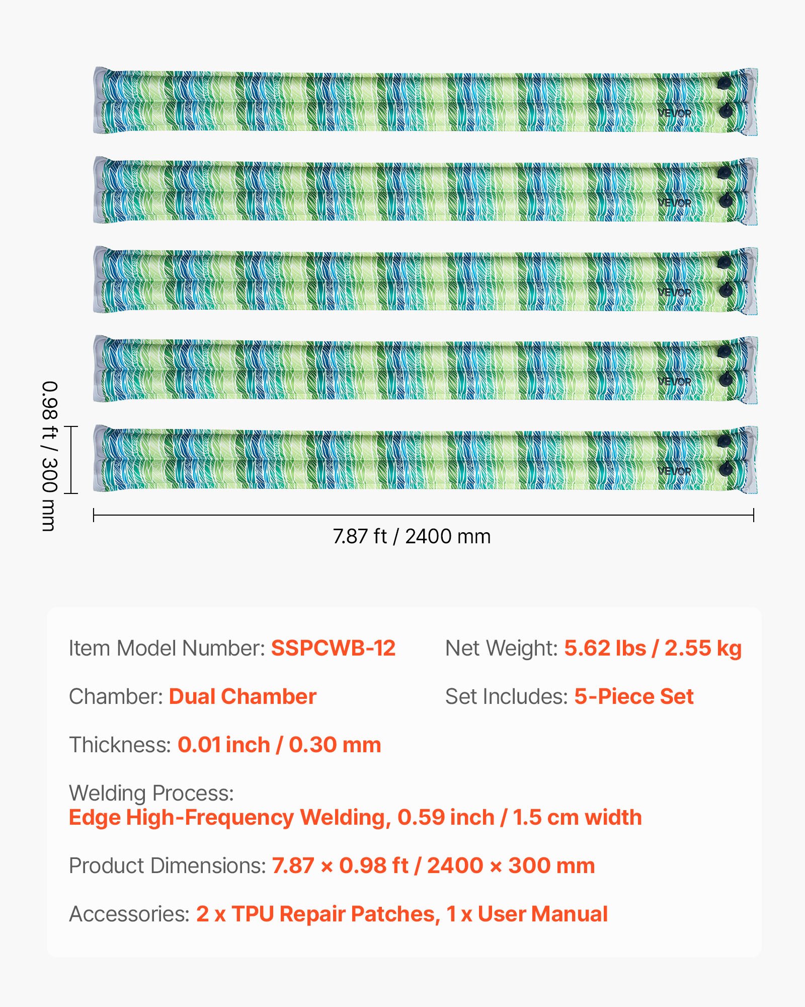 VEVOR Pool Cover Water Bags, 5 Packs 2400mm, Double Chamber Pool Cover Water Tubes with Reflective Strips, 0.3mm Thick PVC Bags Weights with Leakproof Screw Cap, for Winter Swimming-Pool Covers