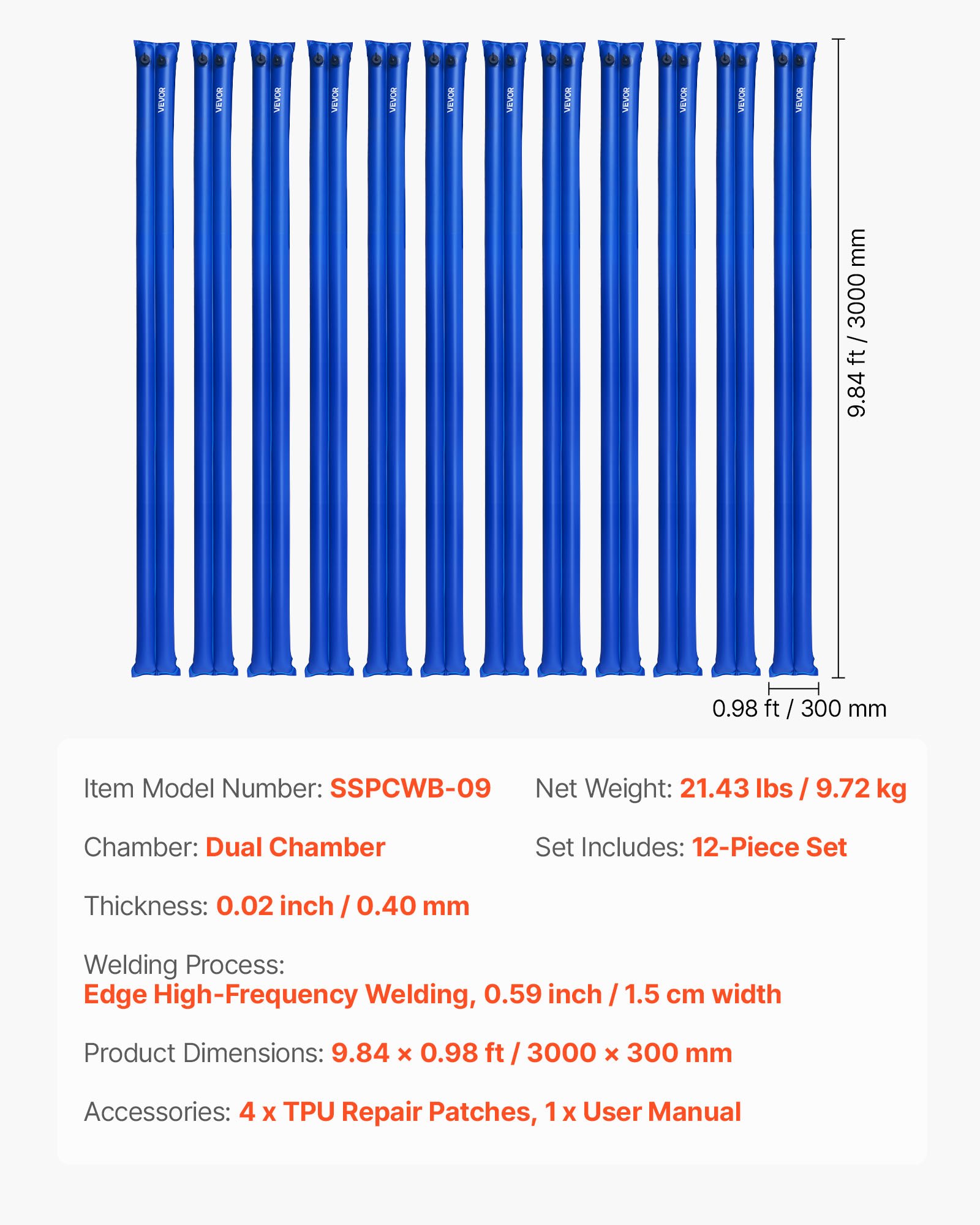 VEVOR Sacca di Zavorra per Telo Copertura Piscina, Confezione da 12 pezzi, 3000 x 300 mm, Tubolari in PVC per Protezione Copertura Invernale per Piscina Interrata, Camera Doppia, Blu