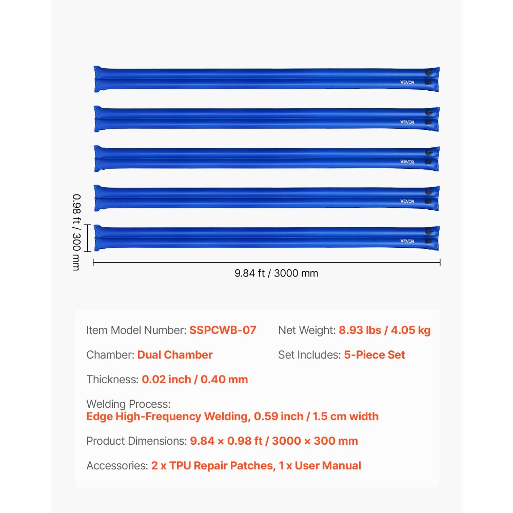 VEVOR Sacca di Zavorra per Telo Copertura Piscina, Confezione da 5 pezzi, 3000 x 300 mm, Tubolari in PVC per Protezione Copertura Invernale per Piscina Interrata, Sacche Zavorra, Blu