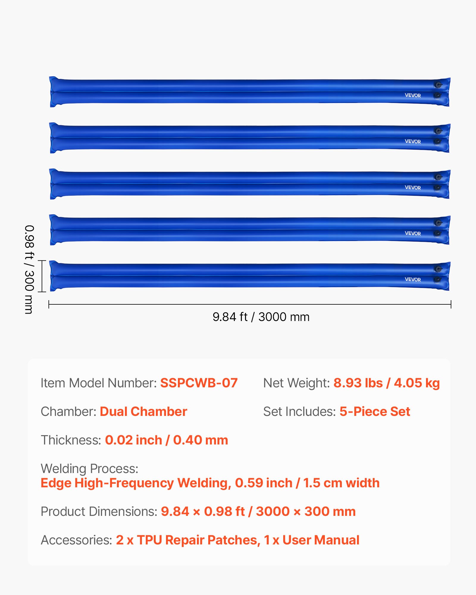 VEVOR Sacca di Zavorra per Telo Copertura Piscina, Confezione da 5 pezzi, 3000 x 300 mm, Tubolari in PVC per Protezione Copertura Invernale per Piscina Interrata, Sacche Zavorra, Blu