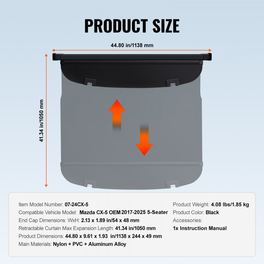 VEVOR Copertura Retrattile per Bagagliaio Mazda, Copertura Impermeabile per Bagagliaio per Mazda CX-5 2017-2024, Copertura per Bagagliaio Posteriore Resistente ai Raggi UV Lega di Alluminio PVC
