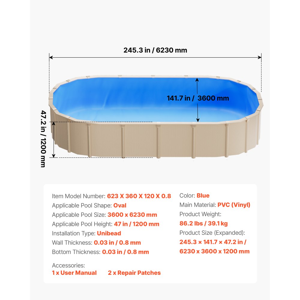 VEVOR Liner per Piscina Ovale 360 x 623 cm con Bordo a Incastro, Rivestimento Interno in Vinile Resistente per Piscina Fuori Terra, Altezza Parete 120 cm, Toppe di Riparazione, Installazione Facile