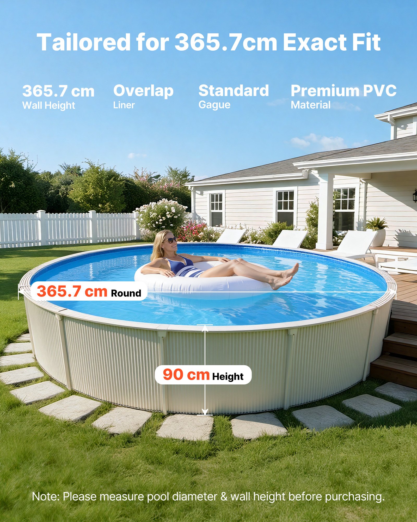 VEVOR Liner per Piscine Rotonde da 360 cm, Altezza Parete 90 cm, Rivestimento Interno in Vinile Spesso per Piscina Fuori Terra con Bordo Sovrapposto, di Facile Installazione, con Toppe di Riparazione