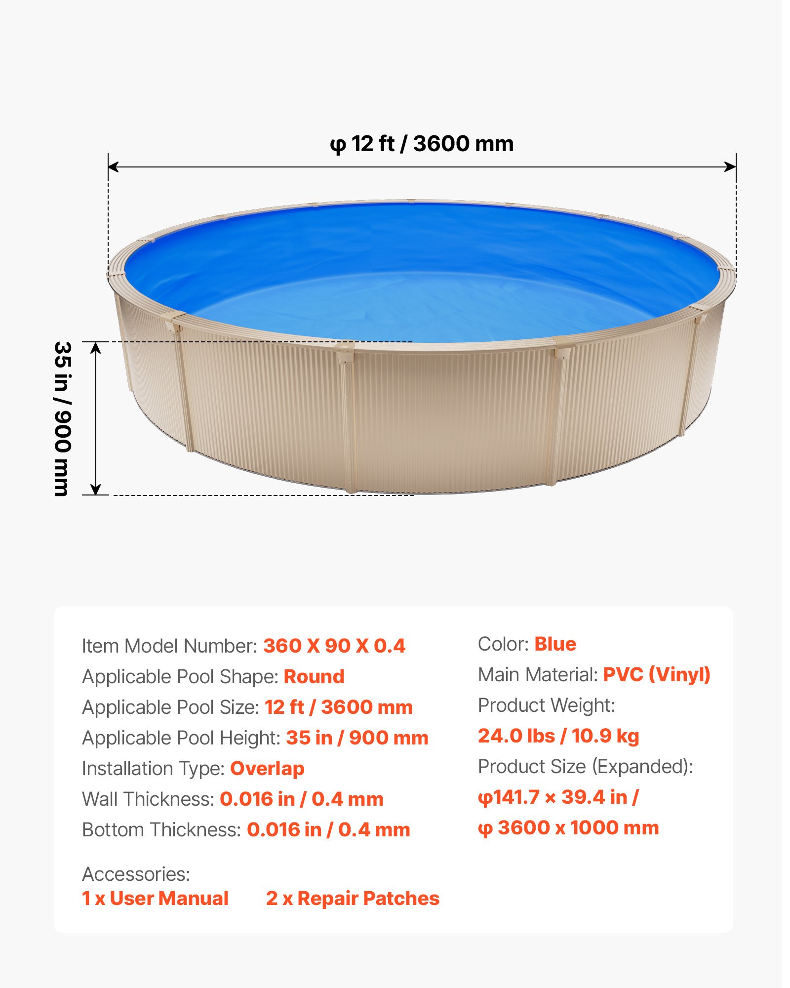 VEVOR Liner per Piscine Rotonde da 360 cm, Altezza Parete 90 cm, Rivestimento Interno in Vinile Spesso per Piscina Fuori Terra con Bordo Sovrapposto, di Facile Installazione, con Toppe di Riparazione