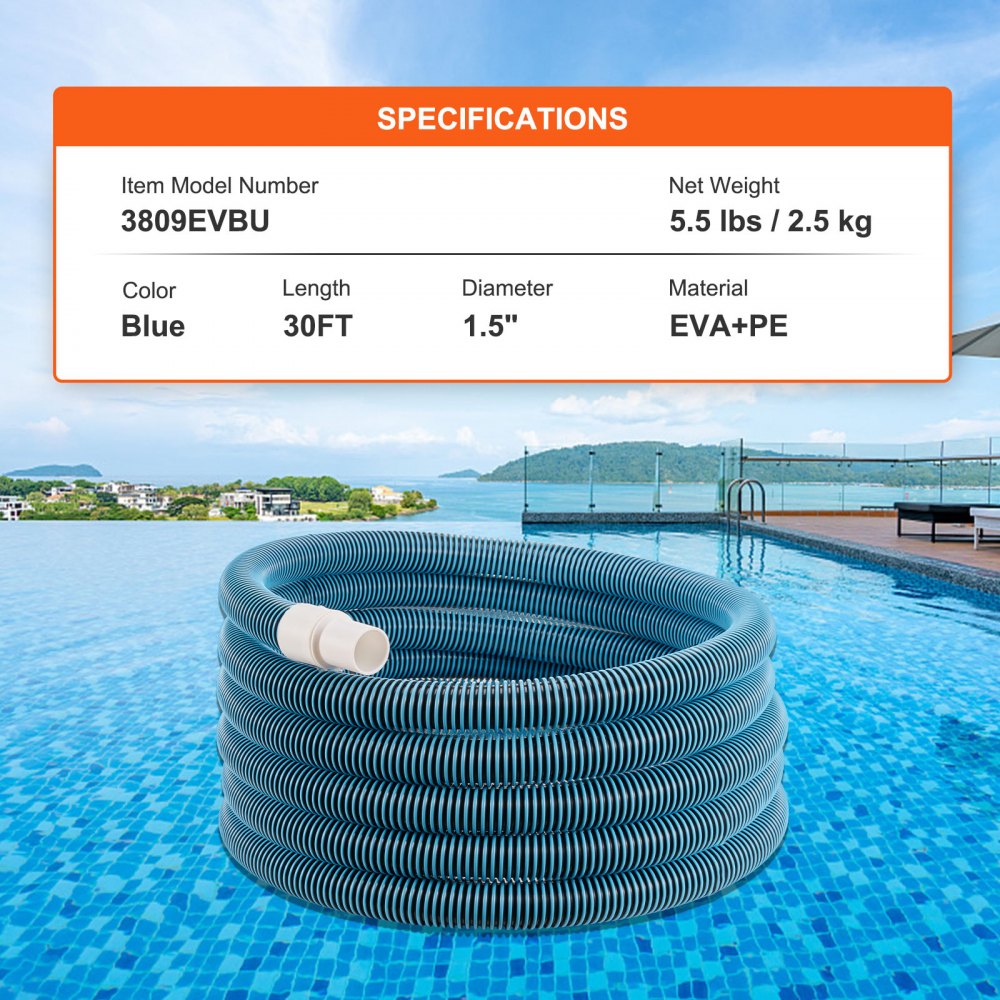 VEVOR Tubo da Piscina 1-1/2" x 30 piedi, Tubo di Pulizia da Aspiratore per Piscina, Compatibile con Piscina Fuori Terra Piscina Interrata per Pompa Filtro a Sabbia, Tubo per Pulizia Piscina