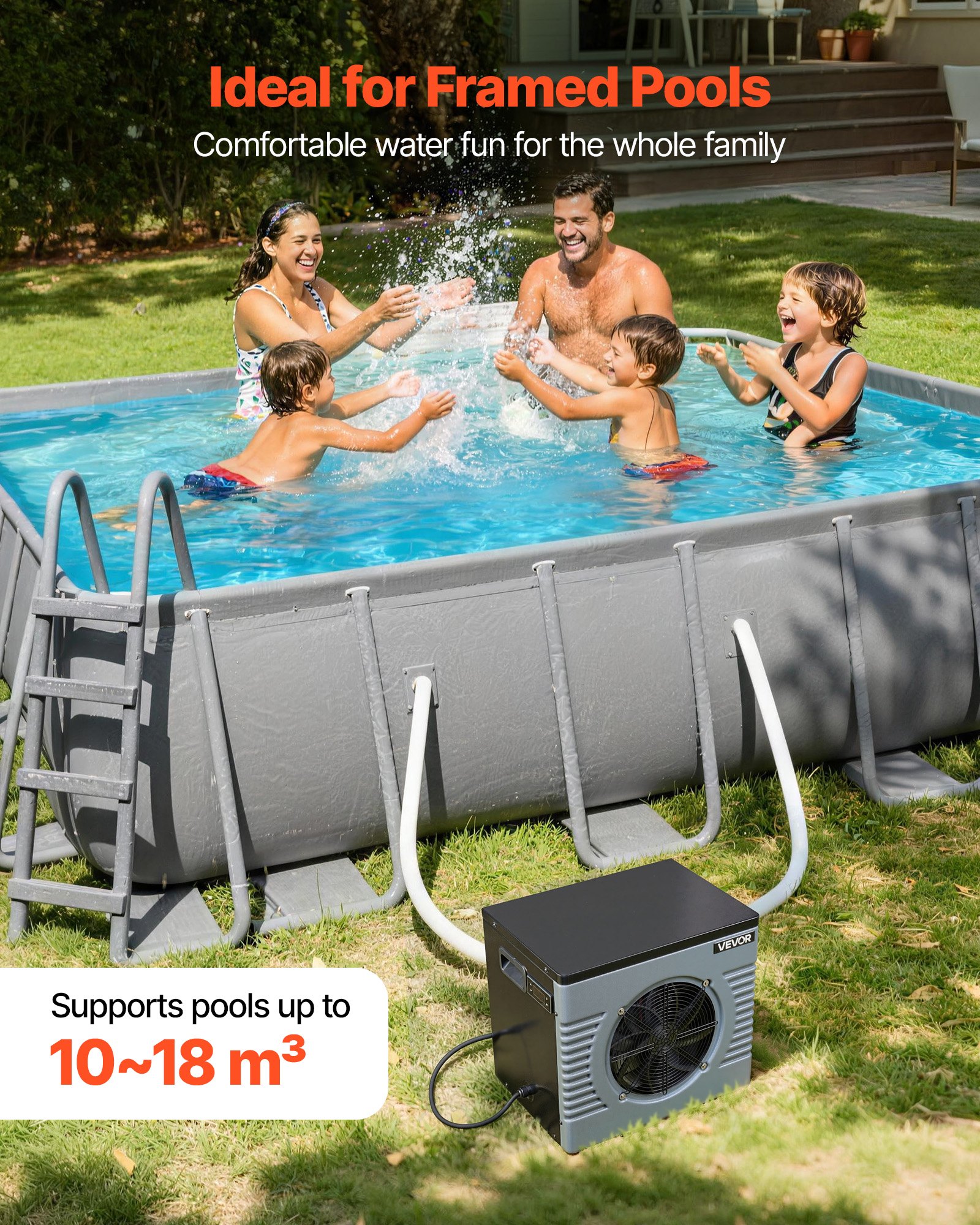 VEVOR Pompa di Calore per Piscina Fuori Terra Riscaldatore Elettrico per Piscina max. 18 m³ COP max. 5,29, Pompa di Calore Temperatura di Riscaldamento tra 15-40 ℃ Potenza Nominale 4920 W