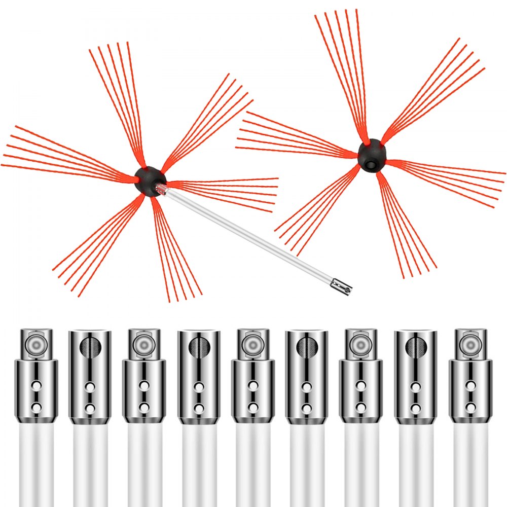 VEVOR Spazzacamino da 10M con 10 Canne in Nylon per Pulizia Camino Stufa Uso Domestico, Set Spazzole per Camino Stufa Kit Pulizia Camino Spazzola Camino Facile da Collegare con 10 Aste con 2 Testina