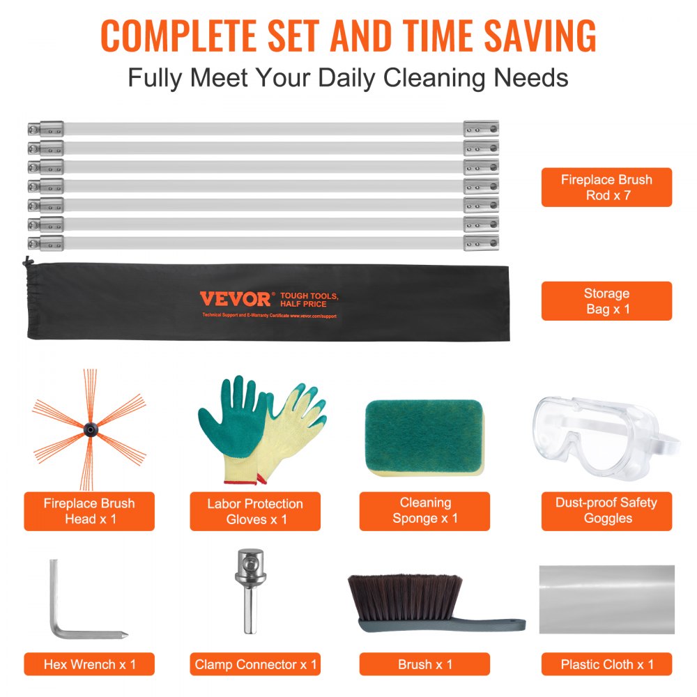 VEVOR Kit Spazzacamino per Stufa a Pellet 7 m Spazzola per Pulizia Girevole 360° con 7 Aste Flessibili in Nylon, Kit Spazzacamino per Canne fumarie Uso Domestico, Utensili Spazzacamino 7m per Stufa