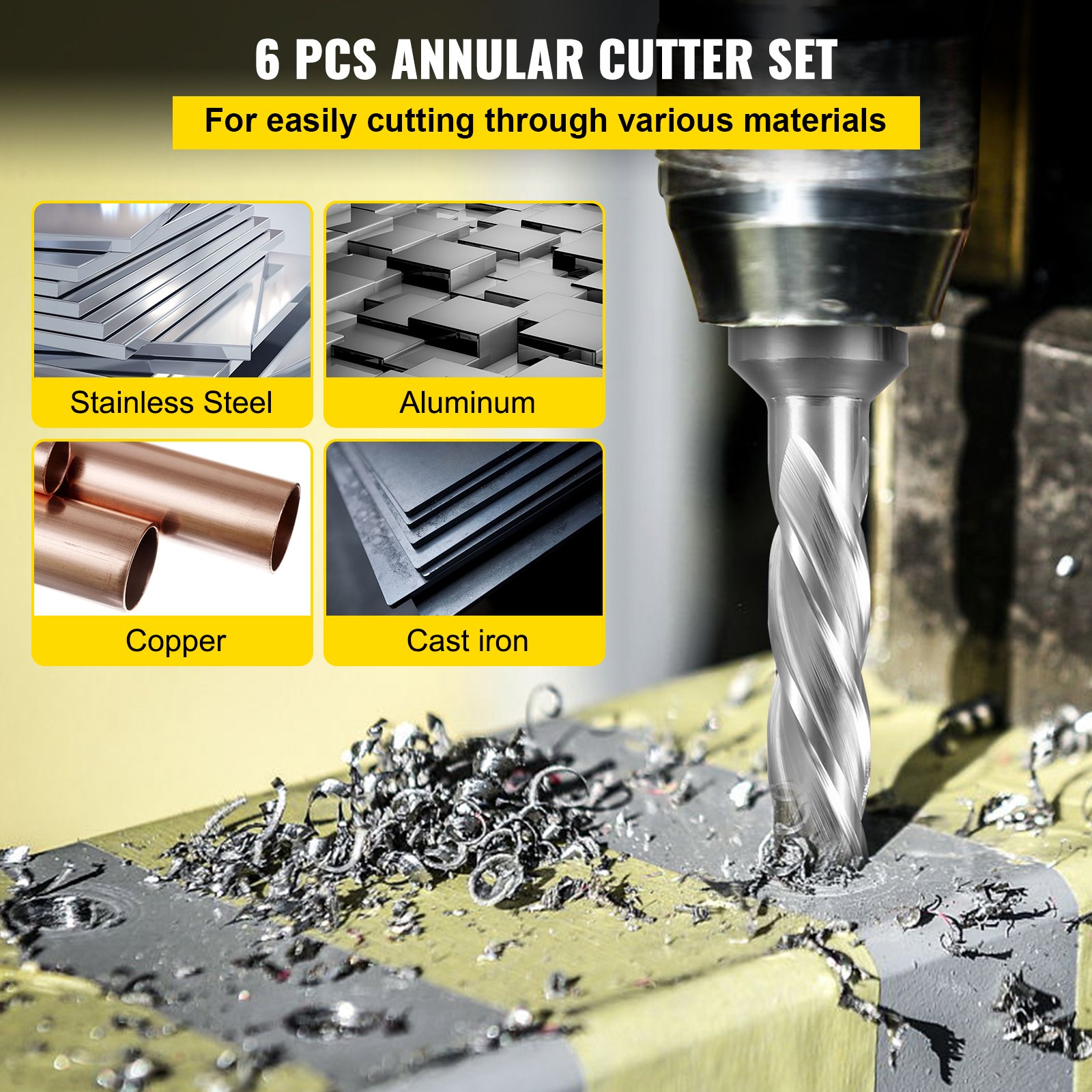 VEVOR Set di Taglierine Anulari con Gambo Weldon da 3/4 Pollici, Set di Frese Magnetiche per Trapano Anulare di 6 Pezzi, Punte da Trapano di Profondità da 50 mm, Set di Frese Anulari in Acciaio