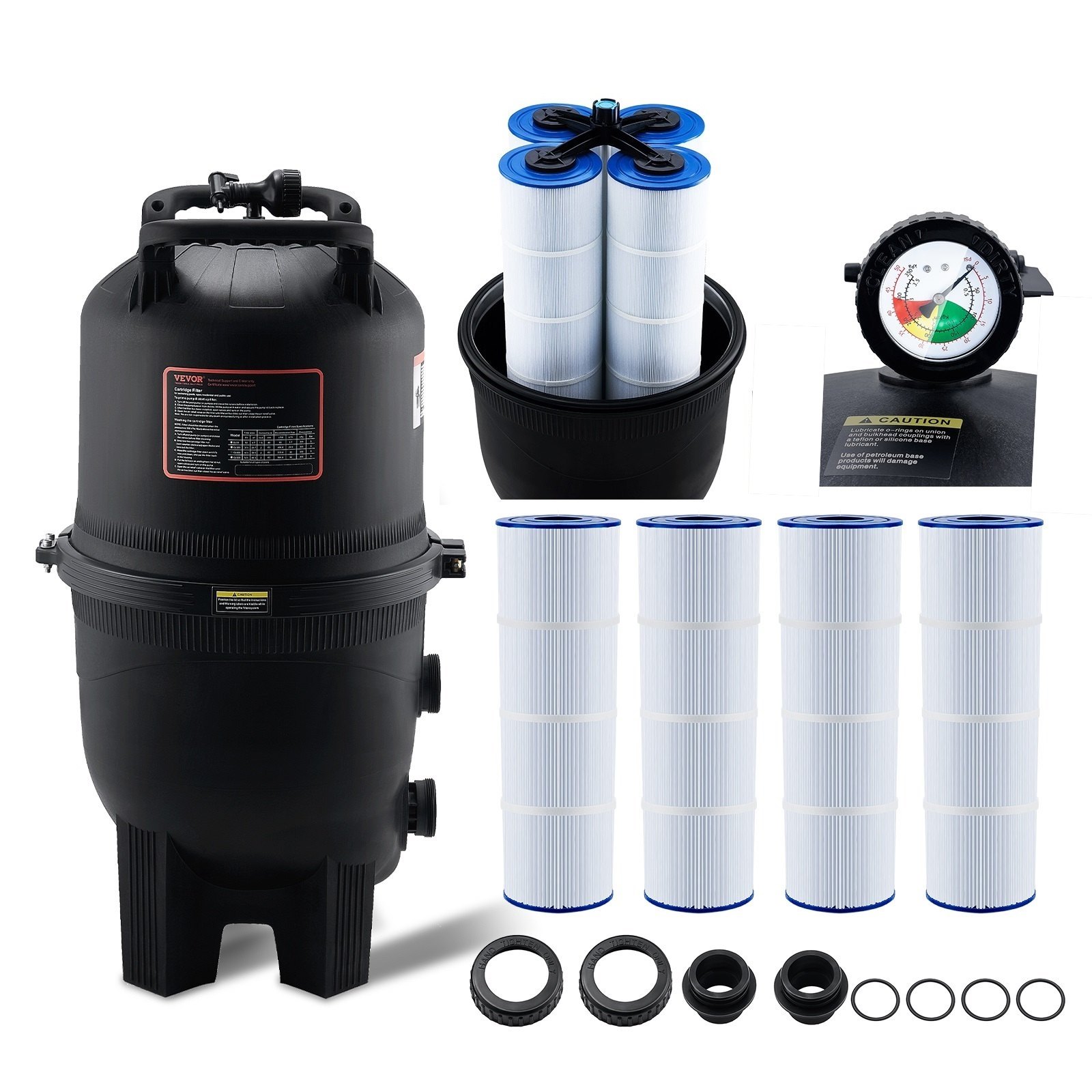 VEVOR Filtro per Piscina a Cartuccia Superficie Filtrante di 49 m², Filtro per Piscina Interrata, Sistema di Filtraggio per Piscine Fuori Terra con Filtro A Prova di Perdite