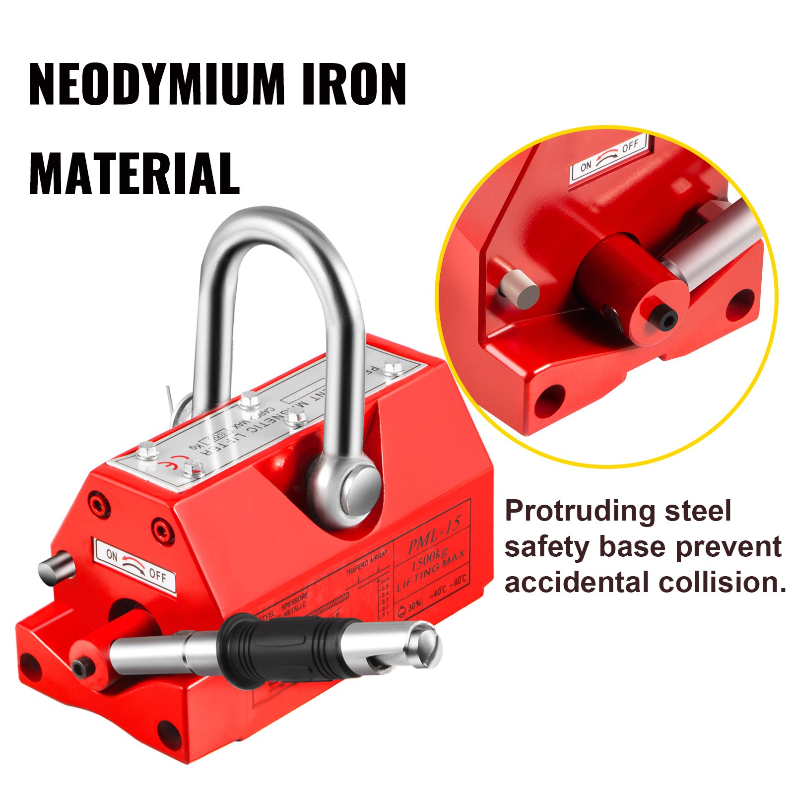 VEVOR Sollevatore Magnetico, 3300 libbre/1500 kg Magnete di Sollevamento in Ferro al Neodimio, Controllata Sollevamento Magnete in Rosso, Magneti Permanenti Sollevatore Elevatore con Chiave Esagonale