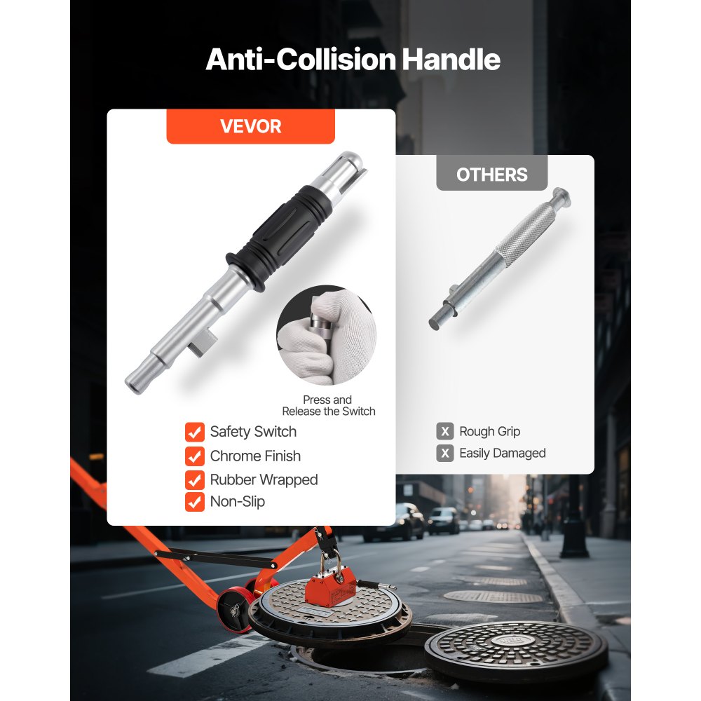 VEVOR Magnetic Lid Lifter Dolly, 600 kg Pulling Capacity, Steel Dolly with Heavy Duty Magnet Lift and 2 Wheels, Adjustable Handle, N42 Neodymium, Foldable and Portable, for Lifting Manhole Covers