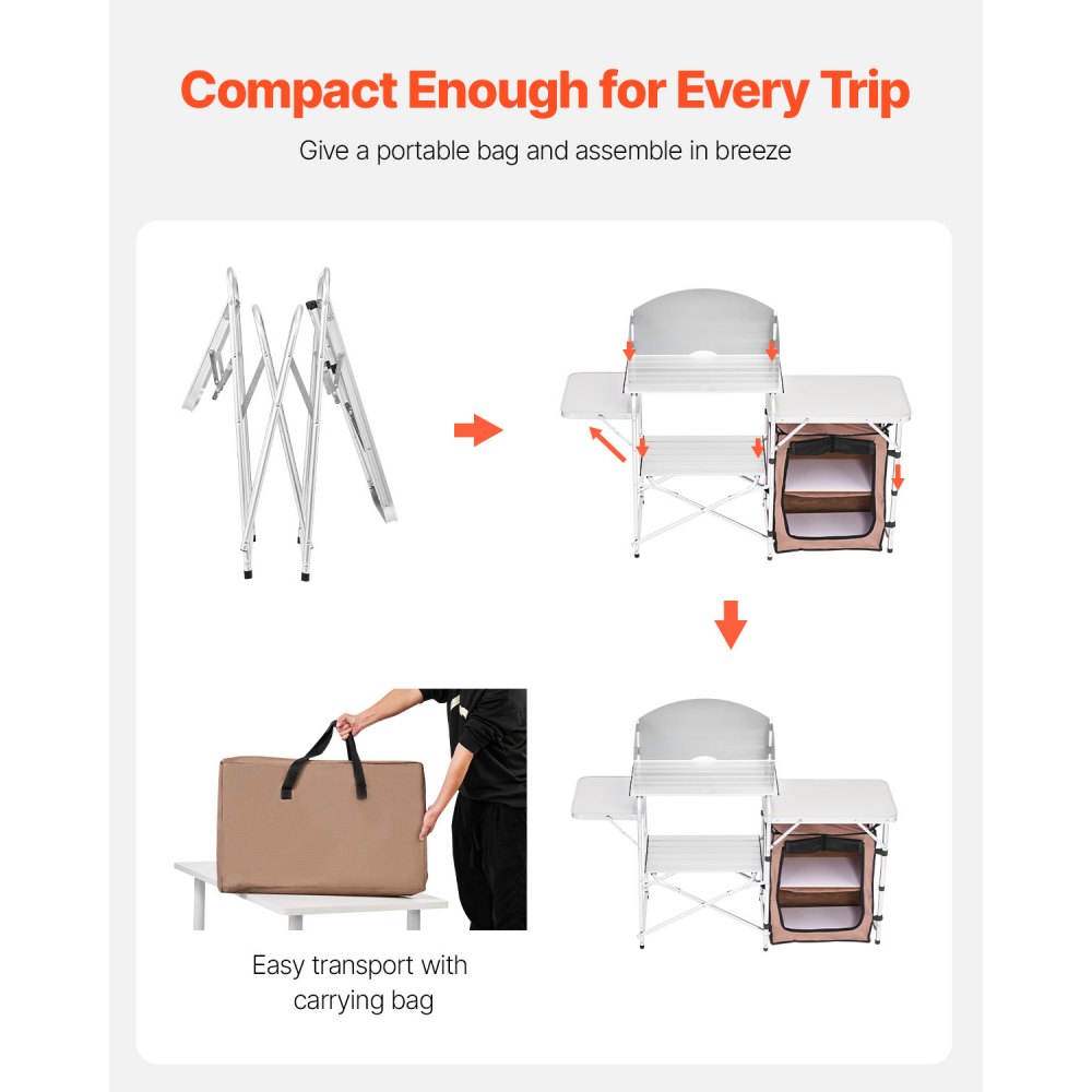 Set di Tavolo da Cucina da Campeggio per Esterno 2 Ripiani Pieghevole