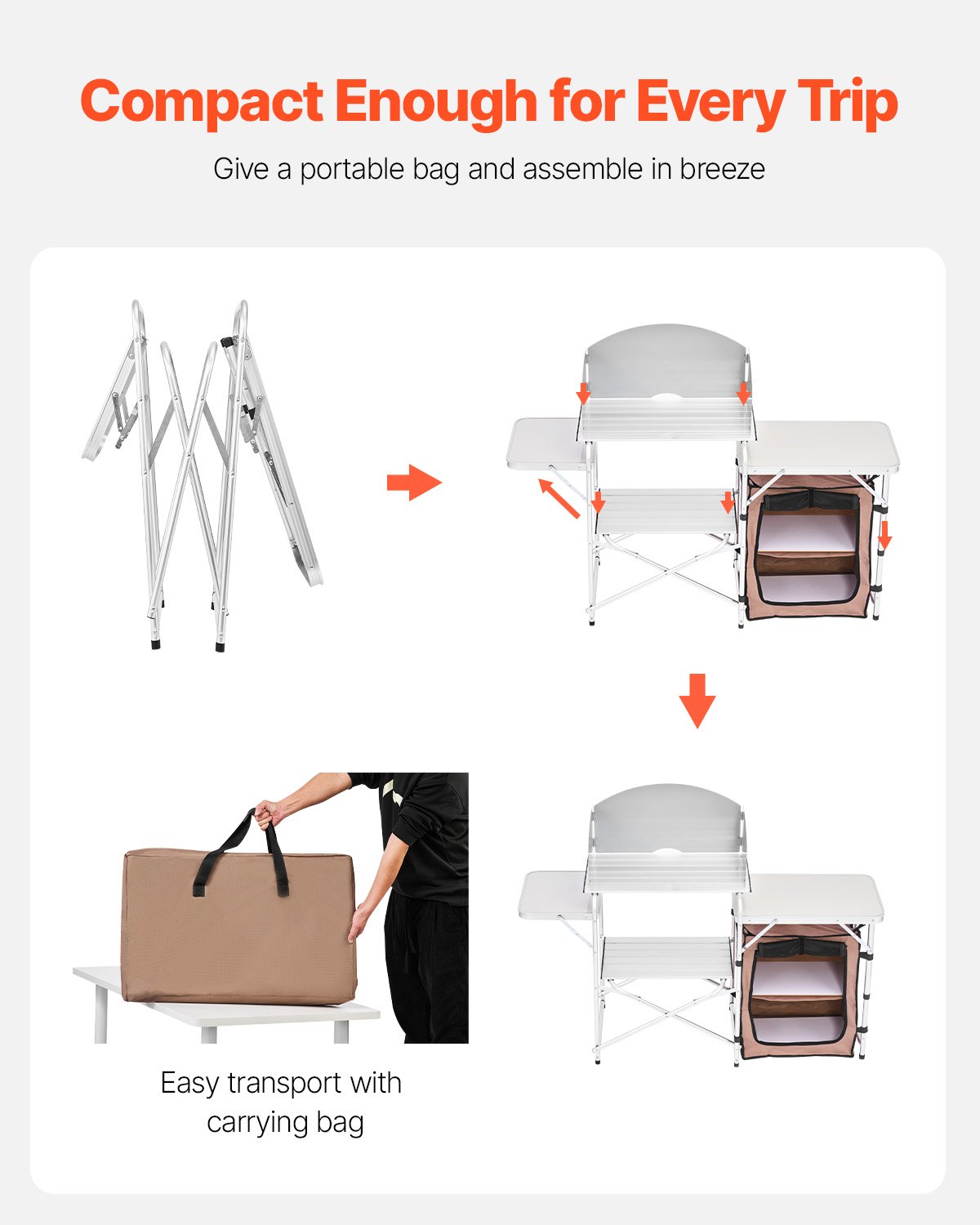 Set di Tavolo da Cucina da Campeggio per Esterno 2 Ripiani Pieghevole