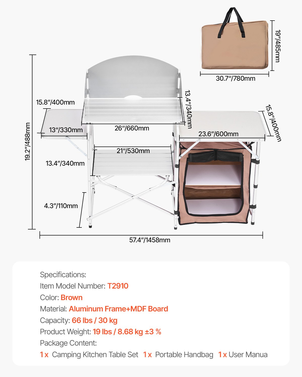 Set di Tavolo da Cucina da Campeggio per Esterno 2 Ripiani Pieghevole