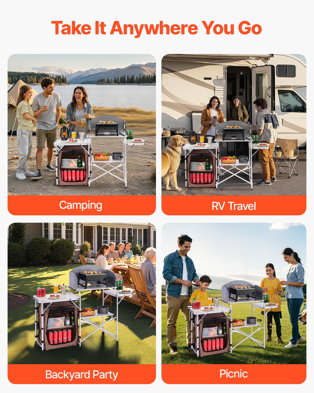 Set di Tavolo da Cucina da Campeggio per Esterno 2 Ripiani Pieghevole