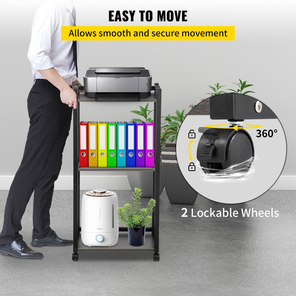 VEVOR Supporto per Stampante in Acciaio e Particelle di Legno Supporto Mobile a 3 Ripiani Regolabili Ogni Livello da 40 kg con 4 Ruote, Carrello da Pavimento per Ufficio, Soggiorno, Cucina, Biblioteca