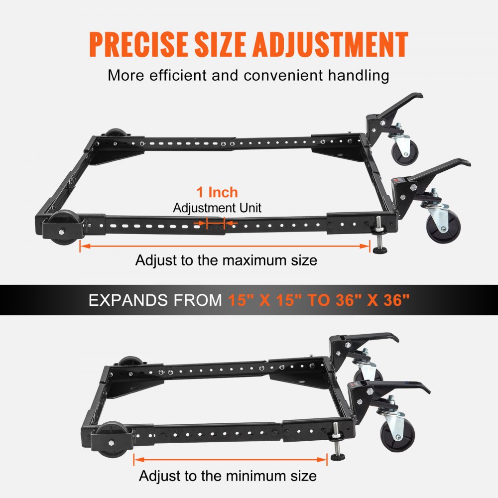 VEVOR Basamento Mobile Porta Oggetti Base per Mobili Macchine Misura Regolabile da 381x381 mm a 914x914 mm 2 Ruote Direzionali 2 Ruote Girevoli Base Universale con Freno Capacità Carico Massima 317,5 kg