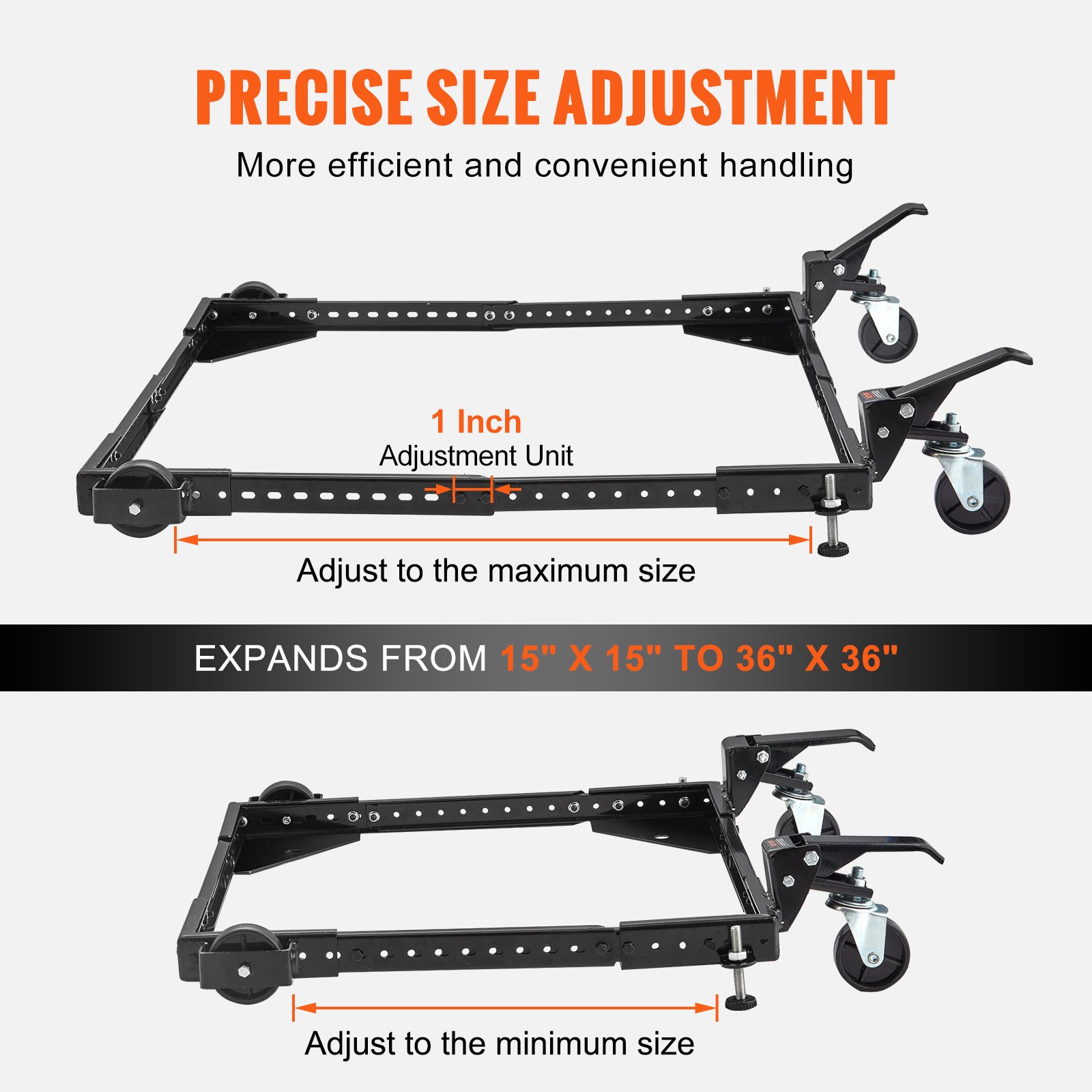 VEVOR Basamento Mobile Porta Oggetti Base per Mobili Macchine Misura Regolabile da 381x381 mm a 914x914 mm 2 Ruote Direzionali 2 Ruote Girevoli Base Universale con Freno Capacità Carico Massima 317,5 kg
